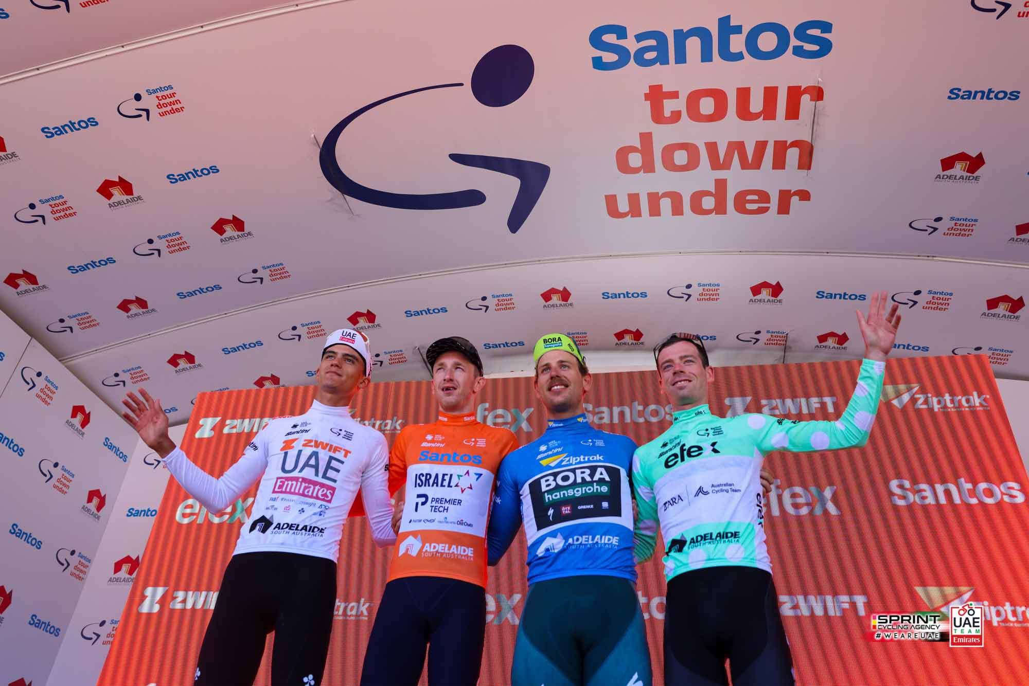 O pódio final com os vencedores das quatro classificações individuais do Tour Down Under!