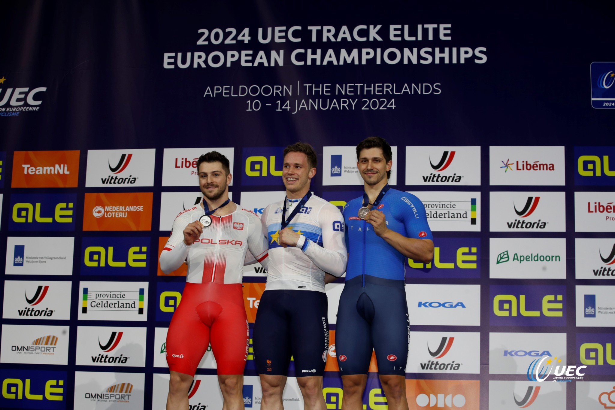 Pódio do Keirin Masculino dos Campeonatos Europeus de Pista com Mateusz Rudyk, Harrie Lavreysen e Stefano Moro