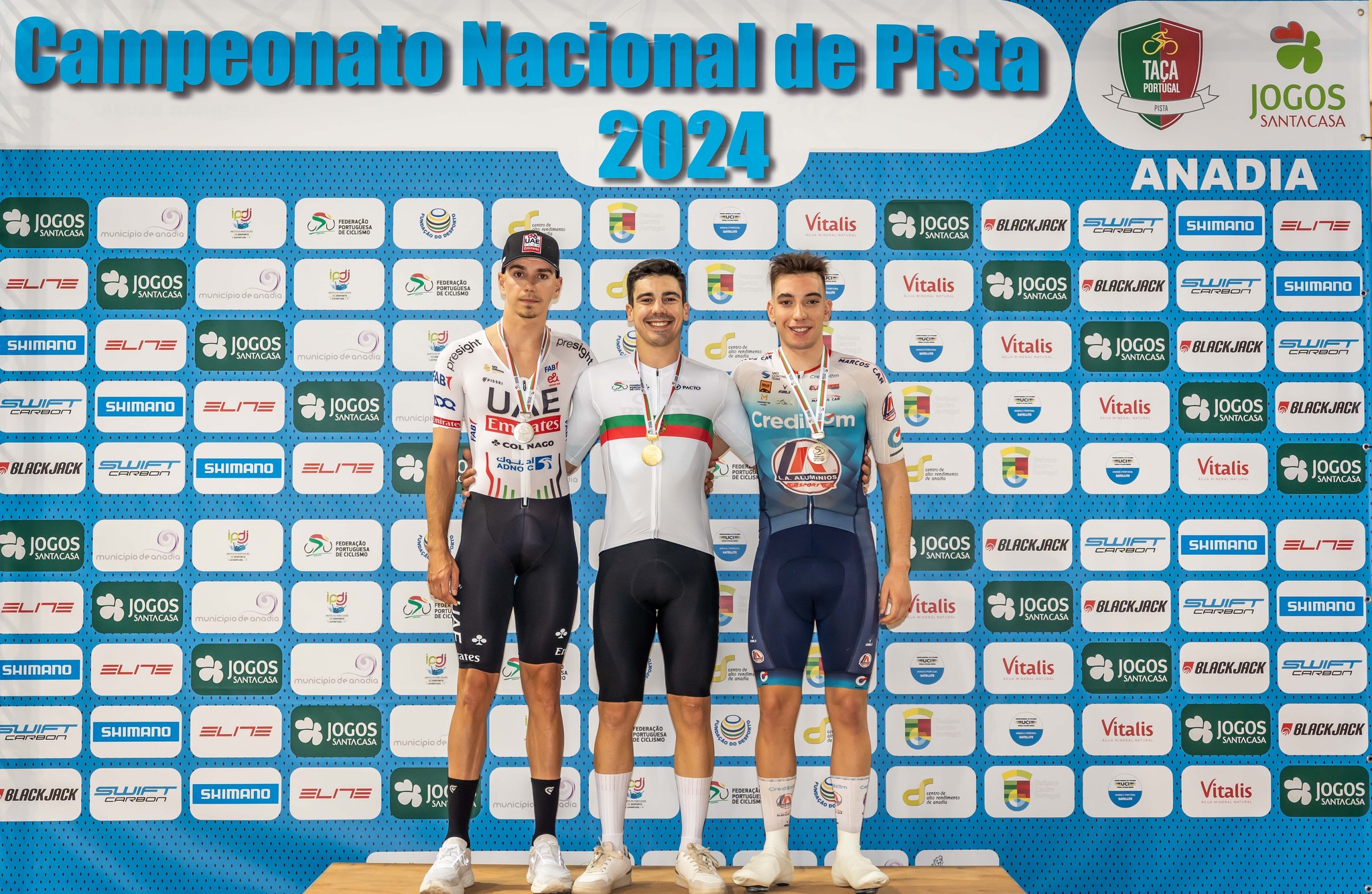 O pódio da Eliminação dos Campeonatos Nacionais de Pista com Ivo Oliveira, Iúri Leitão e Diogo Narciso