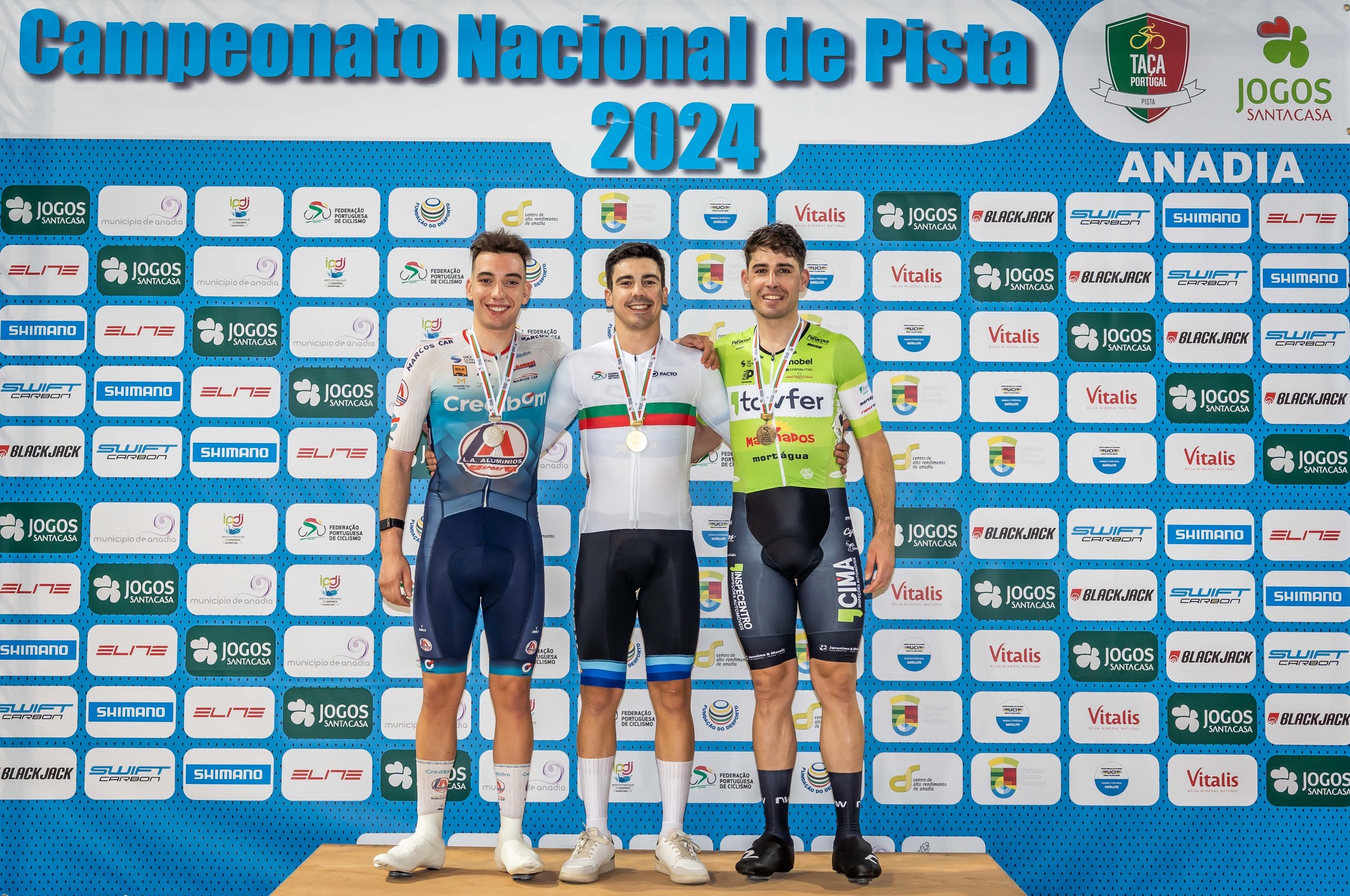 O pódio do Scratch dos Campeonatos Nacionais de Pista com Diogo Narciso, Iúri Leitão e João Matias