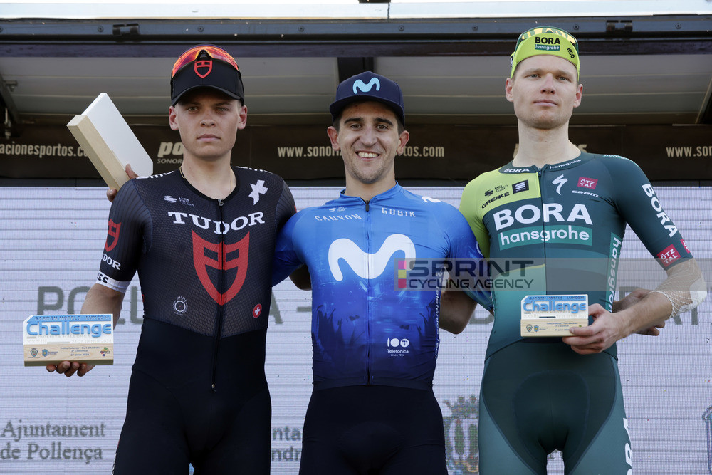 O pódio do Trofeo Pollença - Port d'Andratx com Marius Mayrhofer, Pelayo Sanchez e Aleksandr Vlasov