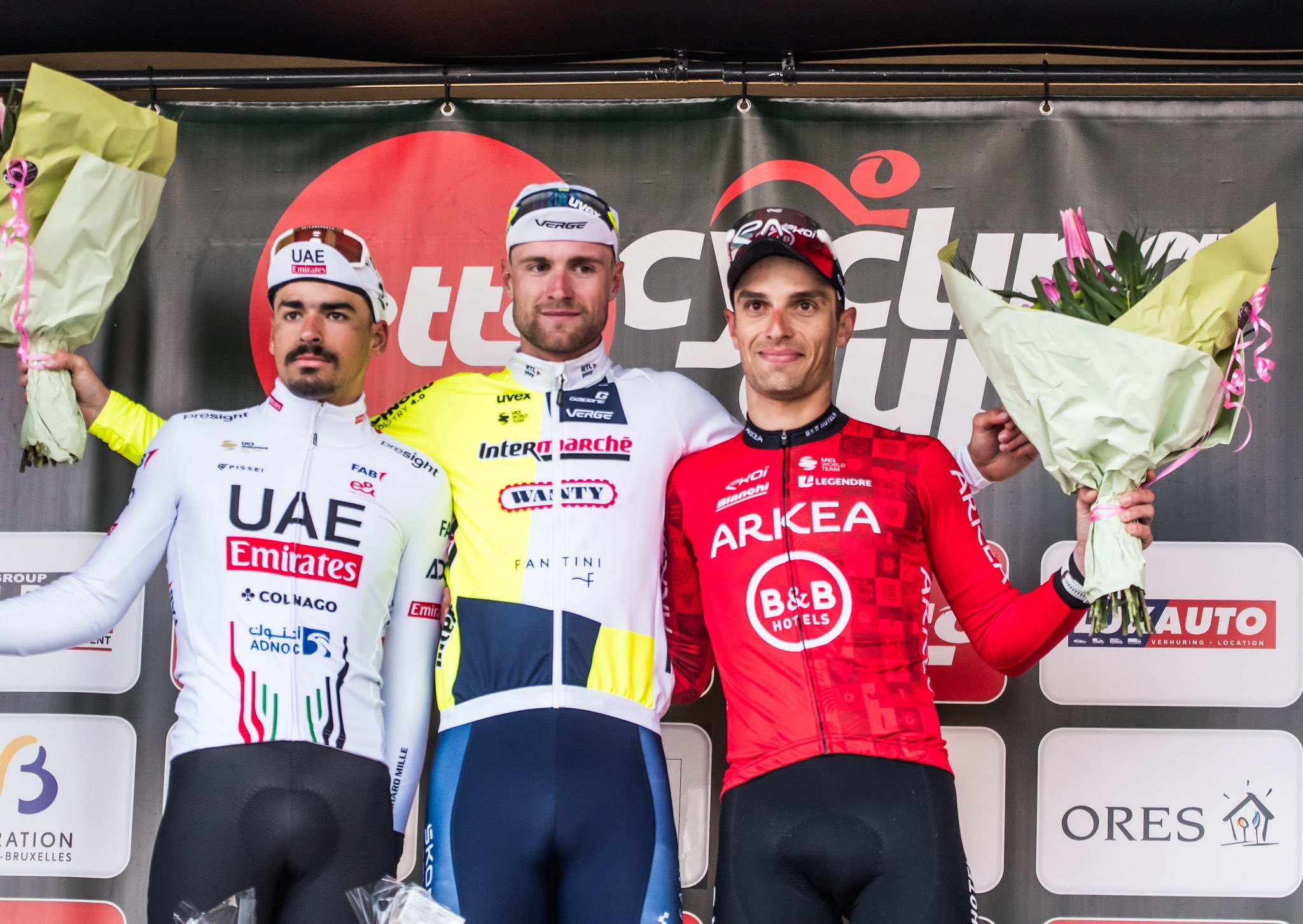 O pódio do GP Le Samyn com António Morgado, Laurenz Rex e Jenthe Biermans (Foto: Arkea - B&B Hotels)