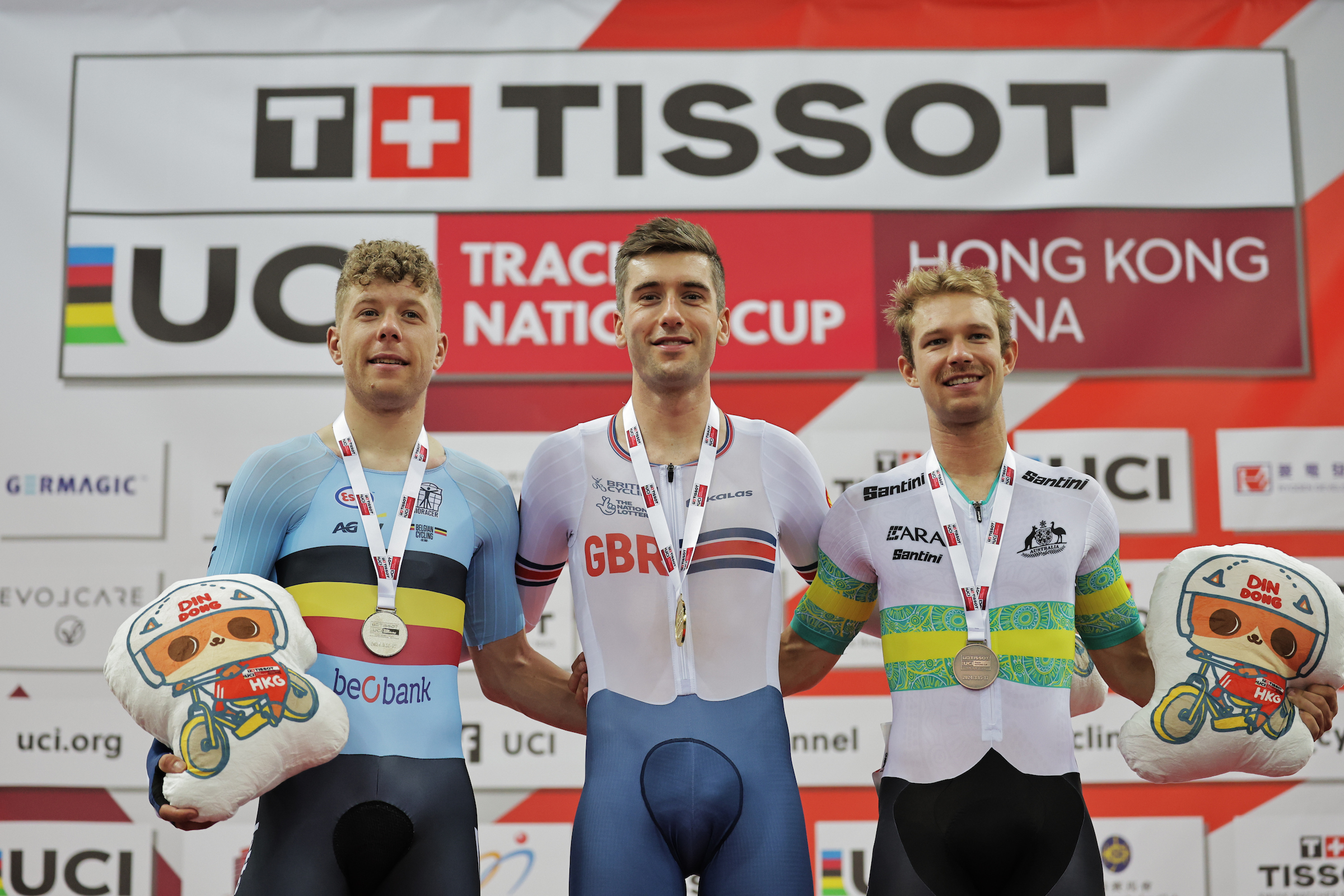 Pódio da Eliminação Masculina com Jules Hesters, William Perrett e Graeme Frislie (Foto: UCI)