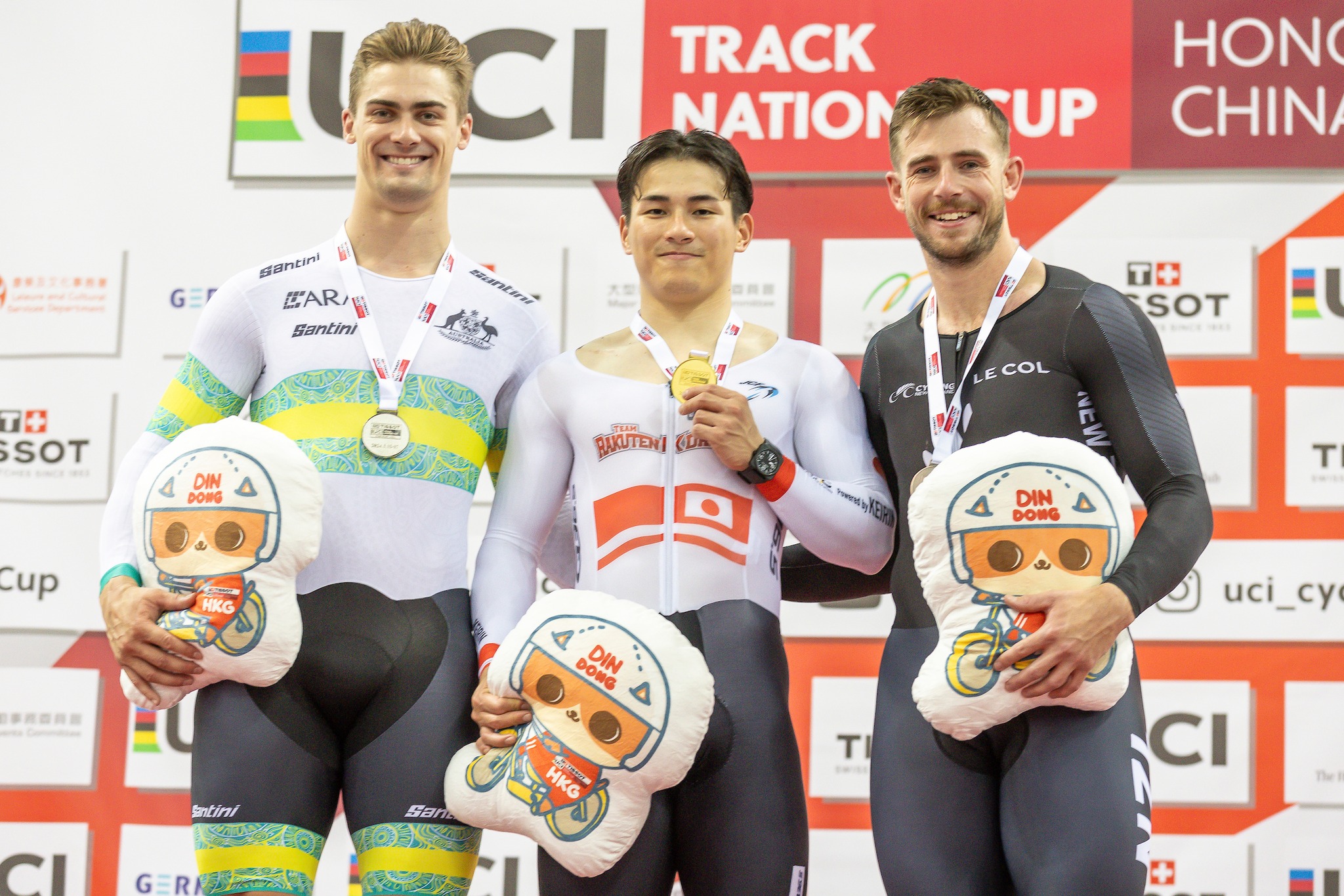 Pódio do Keirin masculino com Matthew Glaetzer, Kaiya Ota e Sam Dakin
