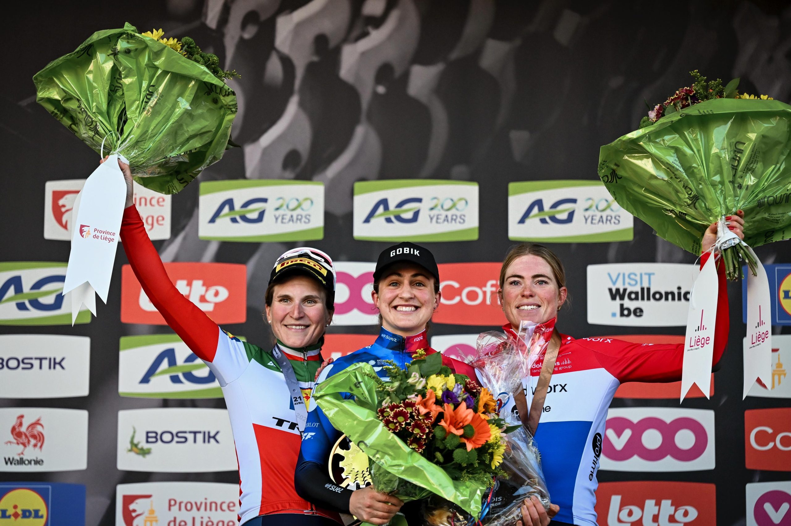 Pódio da Liège-Bastogne-Liège com Elisa Longo Borghini, Grace Brown e Demi Vollering (Foto: ASO)