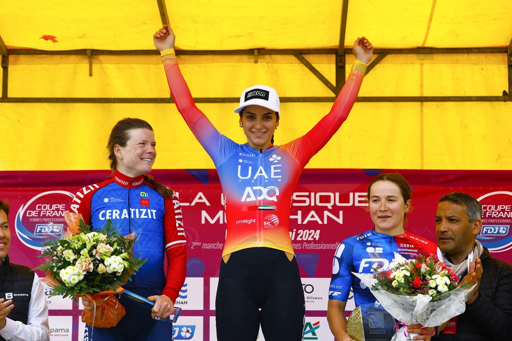 Pódio da La Classique Morbihan com Marta Lach, Eleonora Gasparrini e Jade Wiel
