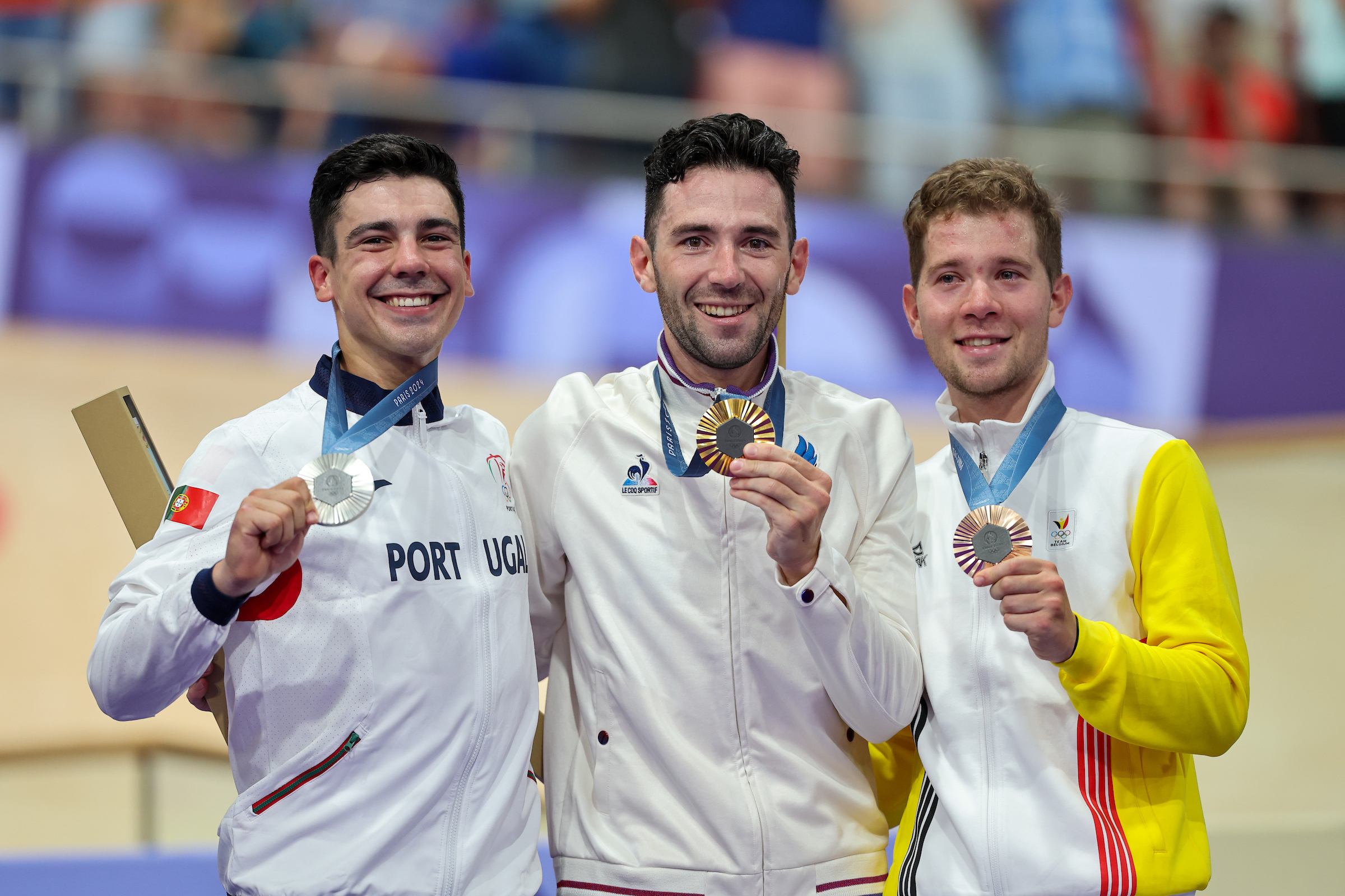 Pódio do Omnium masculino com Iúri Leitão, Benjamin Thomas e Fabio van den Bossche