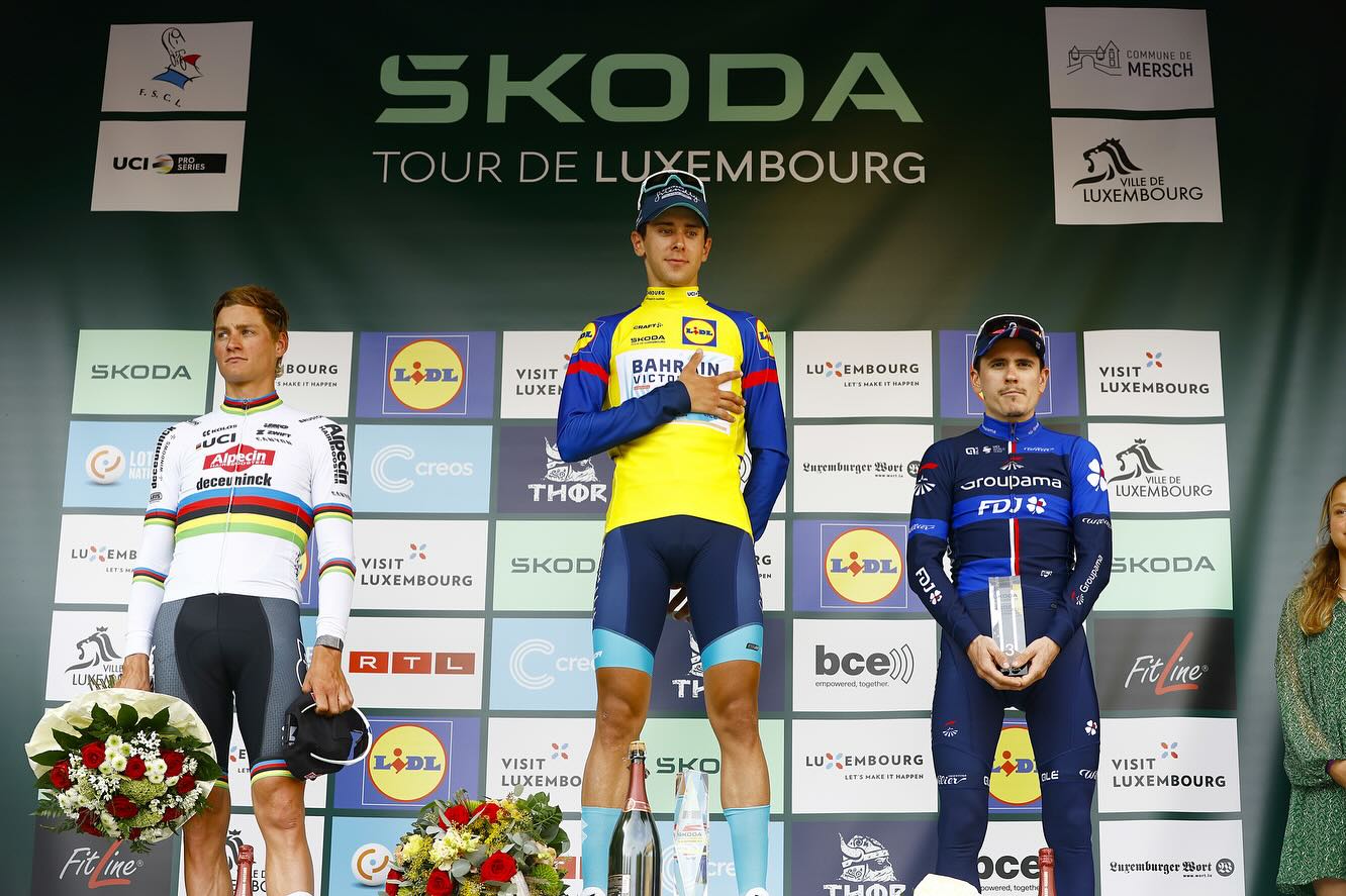 O pódio final do Tour de Luxembourg com Mathieu Van der Poel, Antonio Tiberi e David Gaudu (Foto: Sprint Cycling Agency)