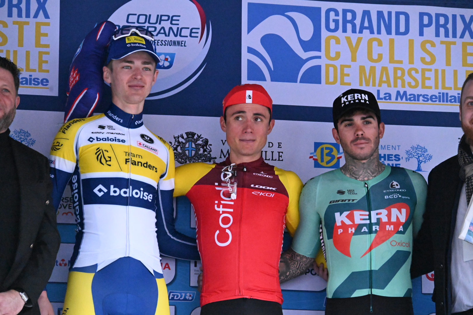 O pódio do GP la Marseillaise com Vincent Van Hemelen, Valentin Ferron e Francisco Galván