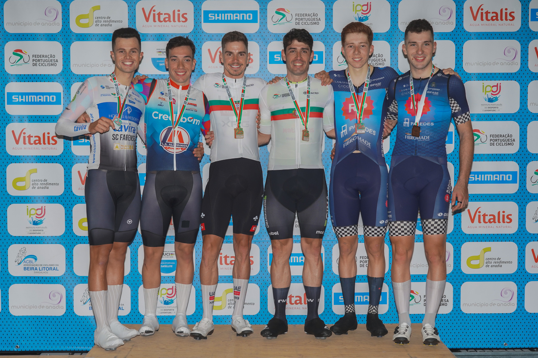 O pódio do Madison dos elites masculinos com Miguel Salgueiro e Diogo Narciso, Rui Oliveira e João Matias e João Martins e Daniel Dias