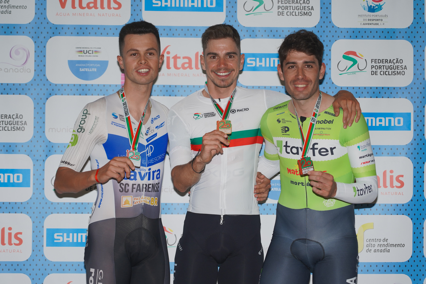 O pódio da Corrida por Pontos dos elites masculinos com Miguel Salgueiro, Rui Oliveira e João Matias