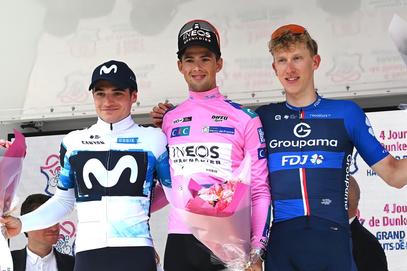 O pódio do 4 Jours de Dunkerque com Carlos Canal, Sam Watson e Lewis Askey