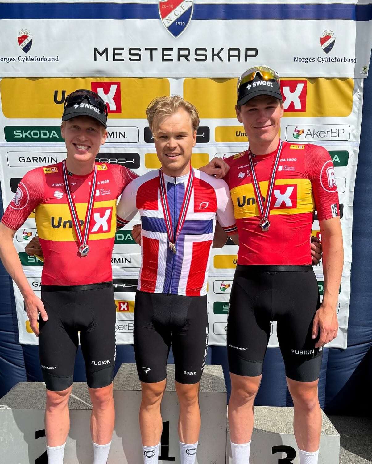 O pódio dos elites masculinos da Noruega com Andreas Leknessund, Tobias Foss e Soren Waerenskjold (Foto: Uno-X Mobility)