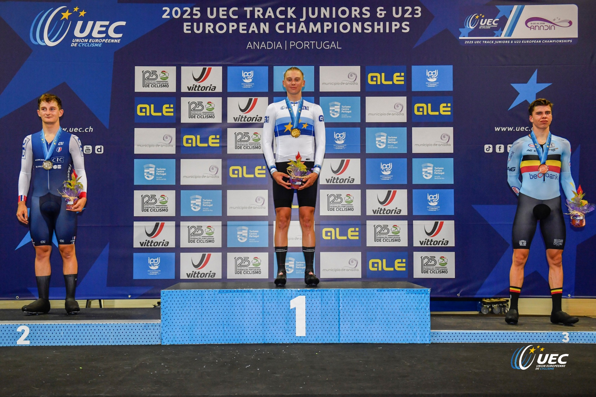 O pódio do Omnium dos Juniores Masculinos com Nathan Marcoux, Mark Popov e Witse Bertels