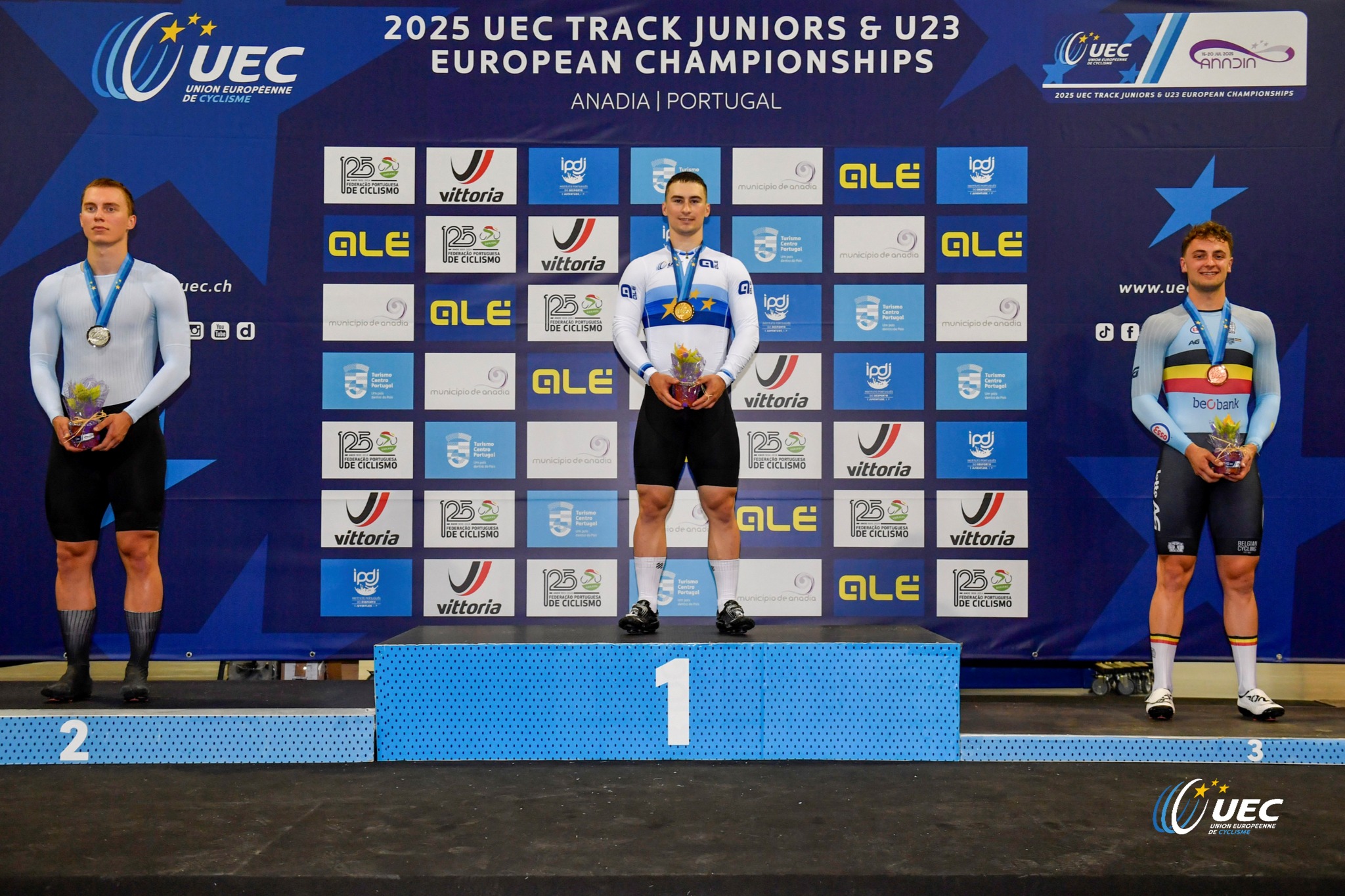 O pódio do Keirin dos Sub-23 Masculinos com Nikita Kalachnik, Nikita Kiriltsev e Lowie Nulens