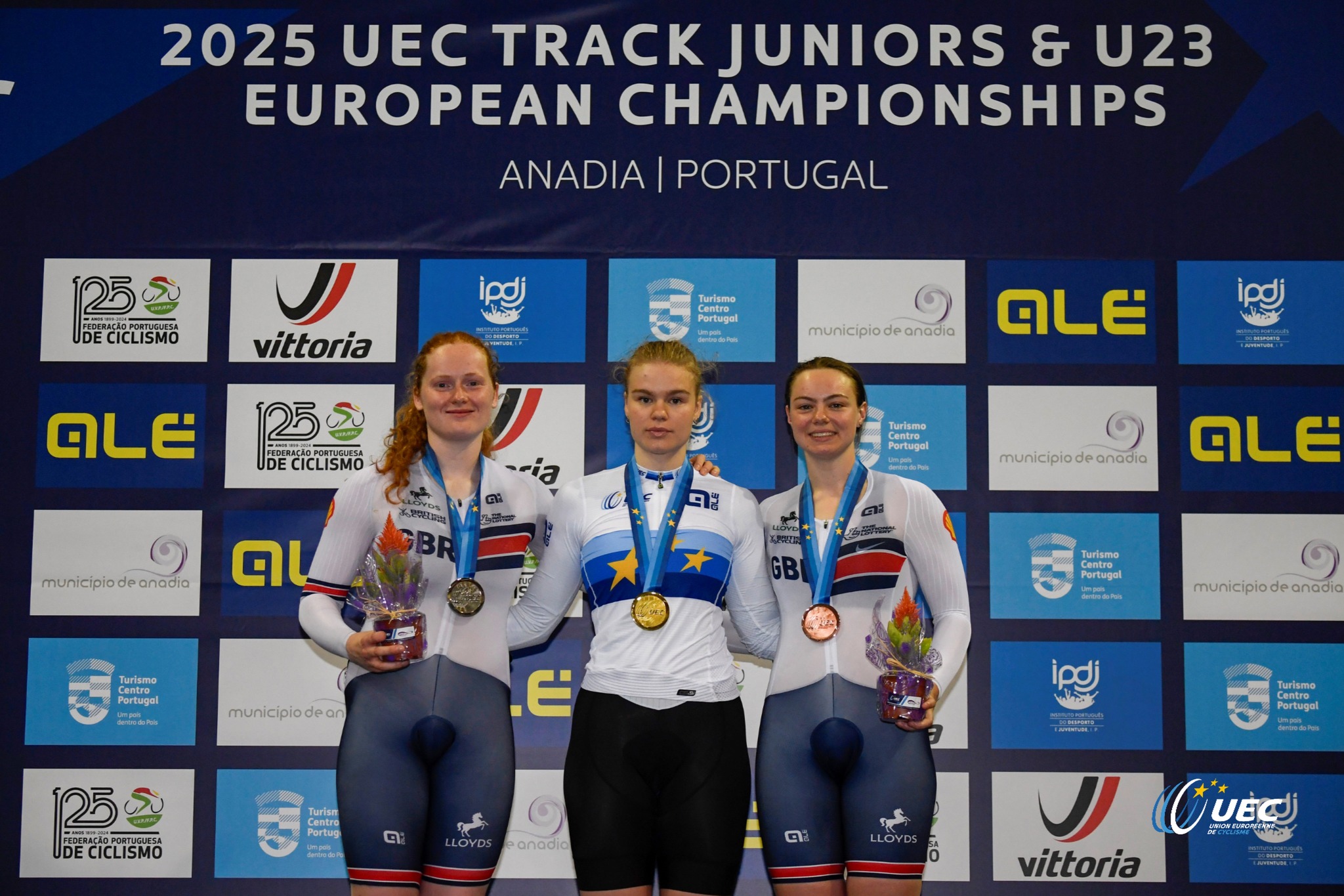 O pódio do Keirin dos Sub-23 Femininas com Rhian Edmunds, Alina Lysenko e Iona Moir