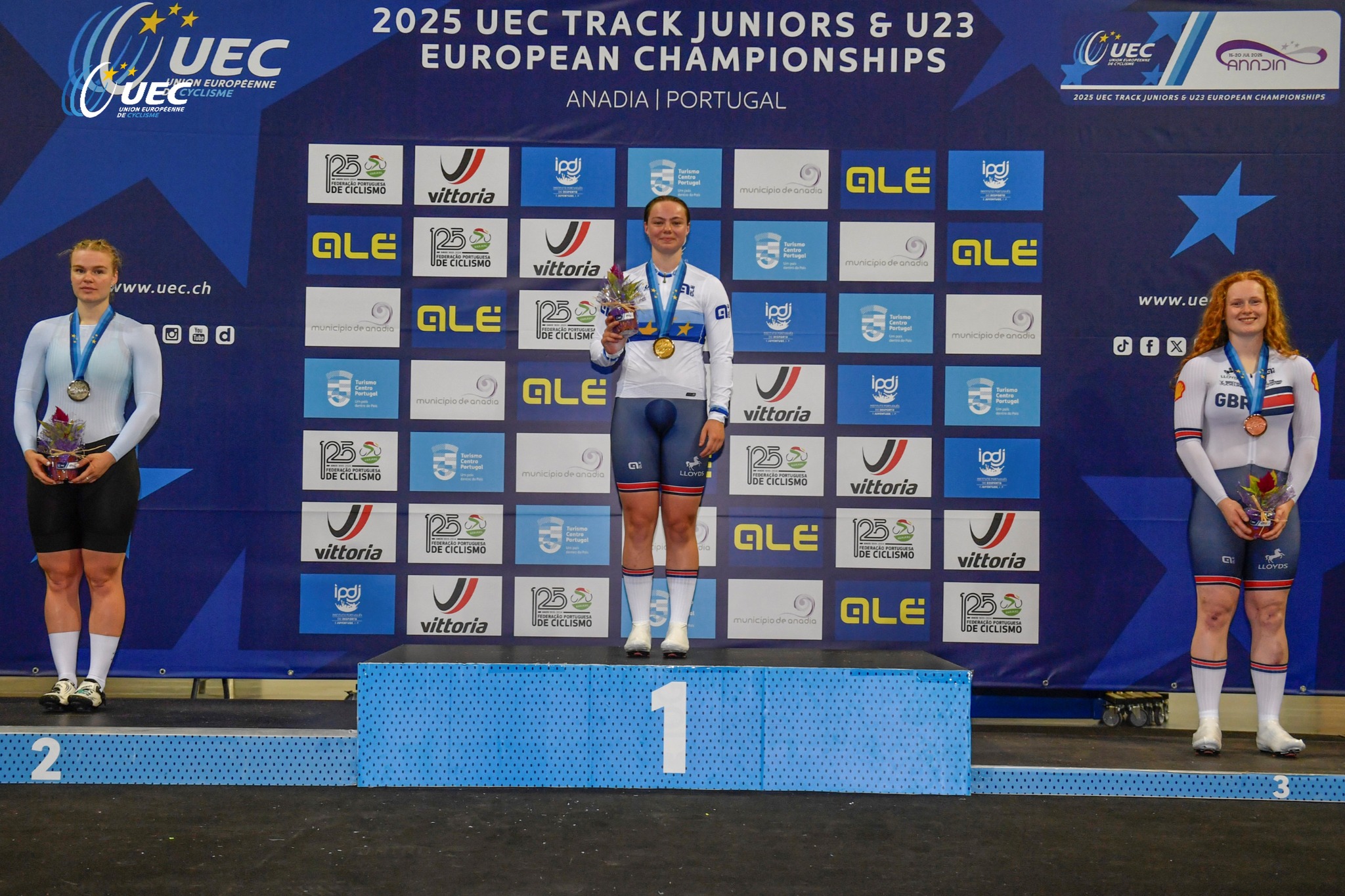 O pódio do Sprint das Sub-23 Femininas com Alina Lysenko, Iona Moir e Rhian Edmunds