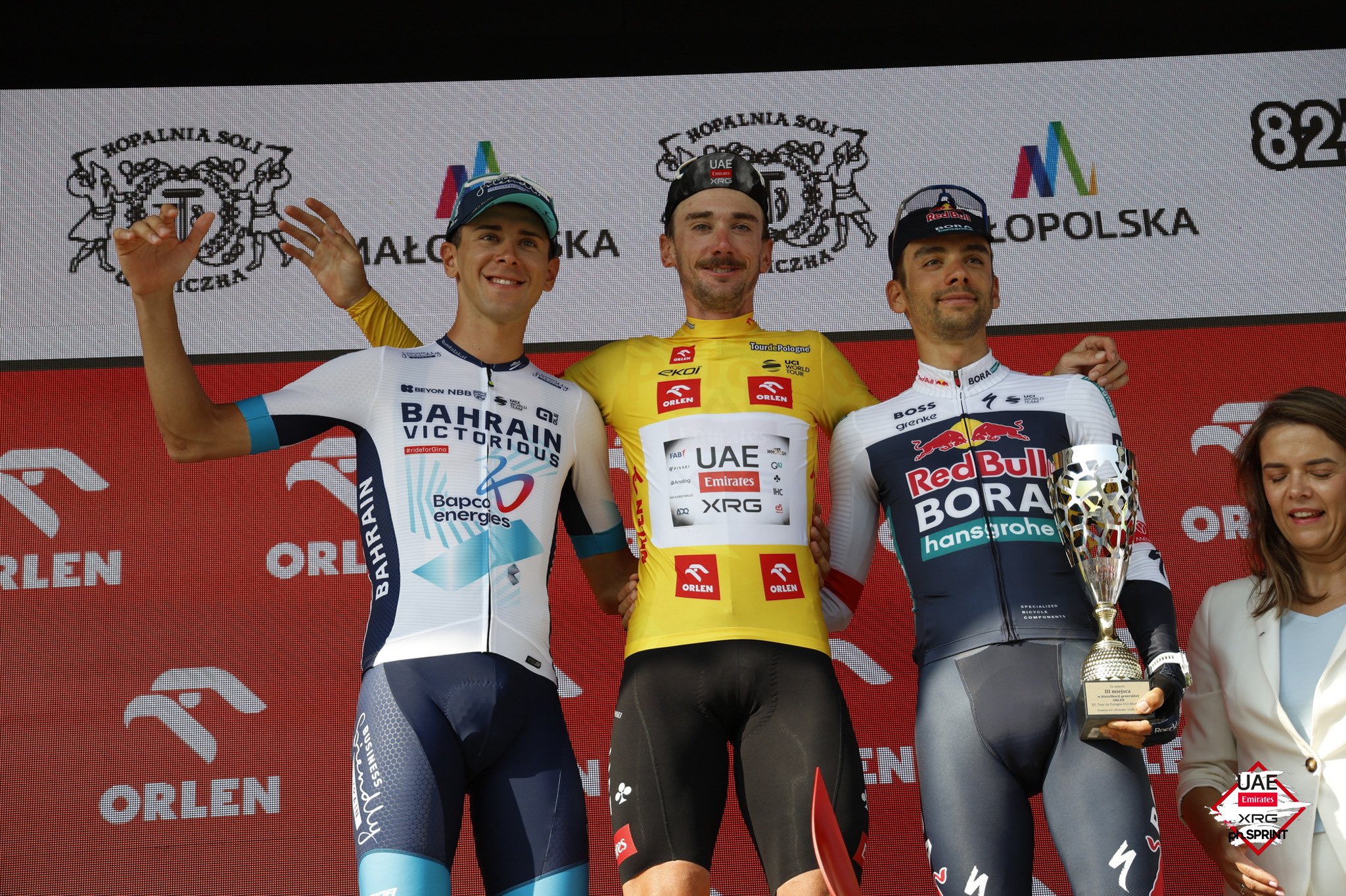 O pódio do Tour de Pologne com Antonio Tiberi, Brandon McNulty e Matteo Sobrero (Foto: SprintCyclingAgency)