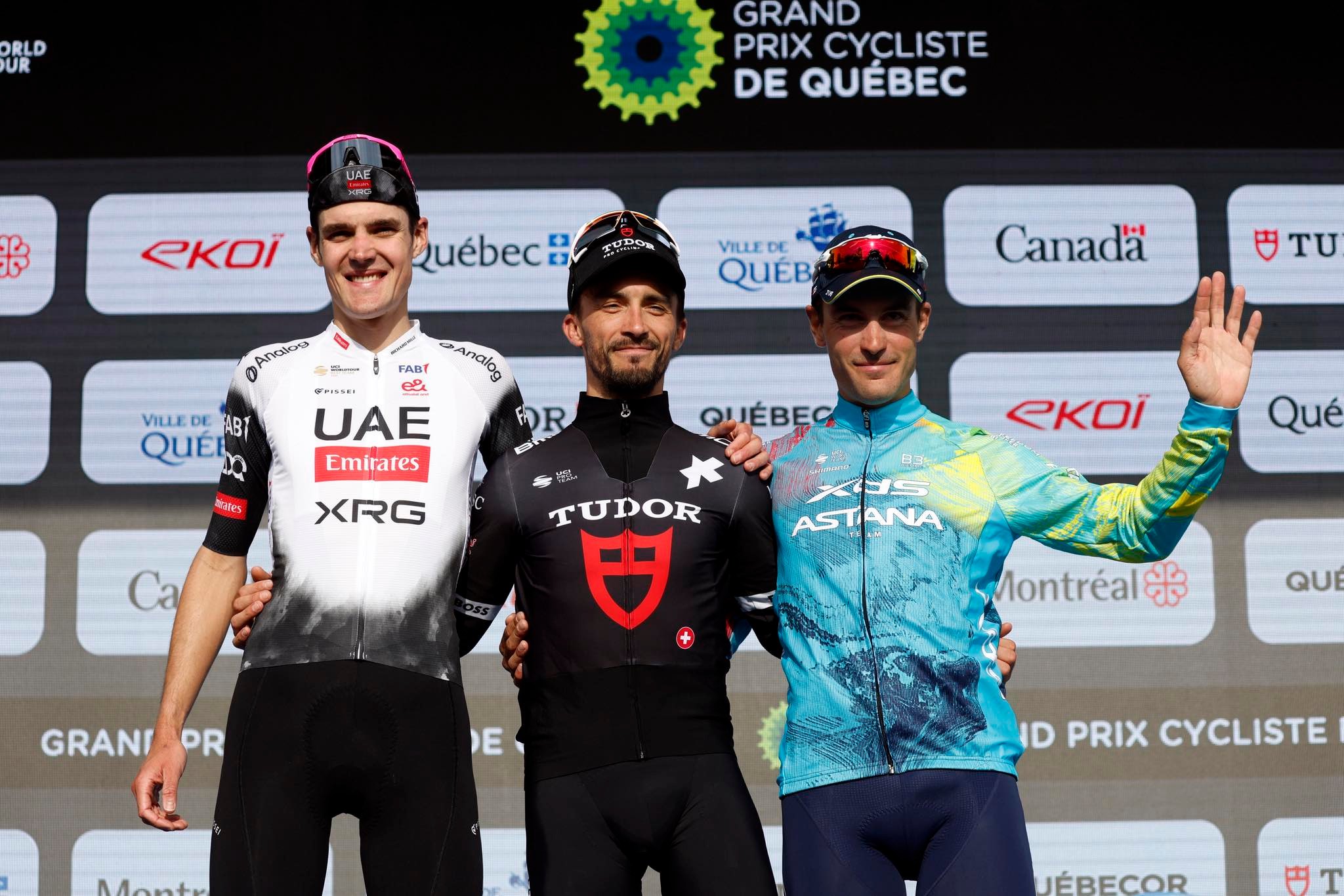 O pódio do GP Quebec com Pavel Sivakov, Julian Alaphilippe e Alberto Bettiol (Foto: SprintCyclingAgency)