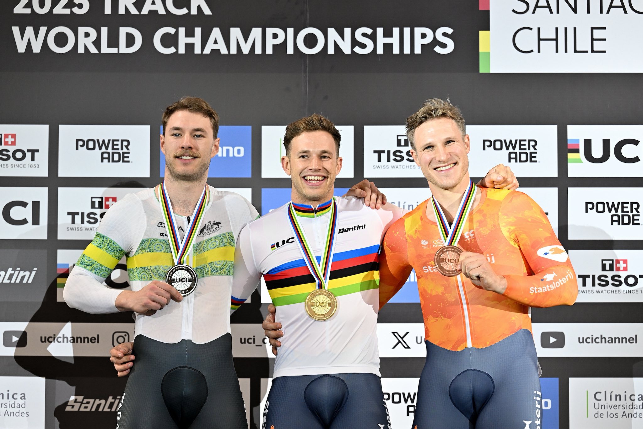O pódio do Keirin Masculino com Leigh Hoffman, Harrie Lavreysen e Jeffrey Hoogland