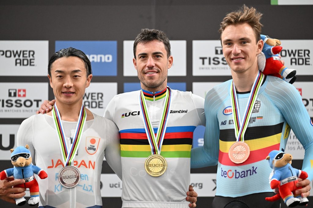 O pódio do Omnium masculino com Kazushige Kuboki, Albert Torres e Lindsay de Vylder
