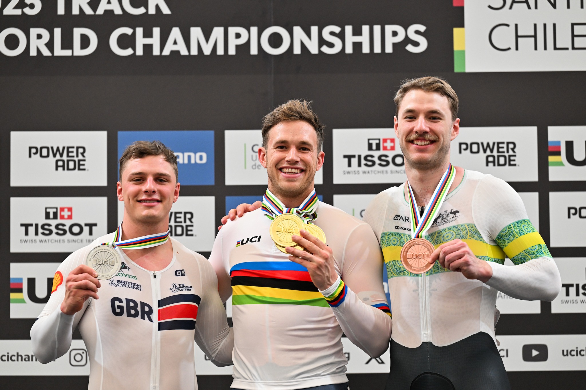 O pódio do Sprint masculino com Matthew Richardson, Harrie Lavreysen e Leigh Hoffman (Foto: UCI)