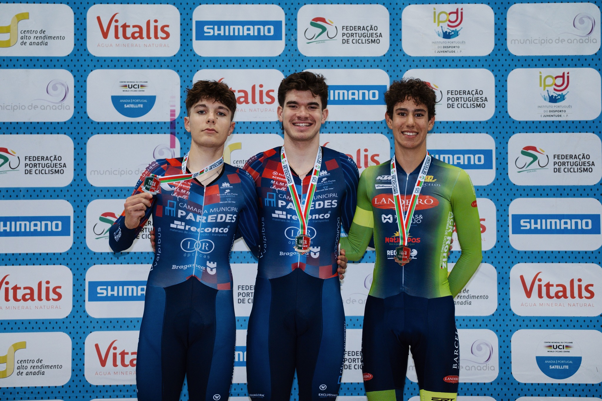 O pódio da Taça de Portugal dos Juniores masculinos da Corrida por Pontos com João Silva, José Paiva e Simão Lucas