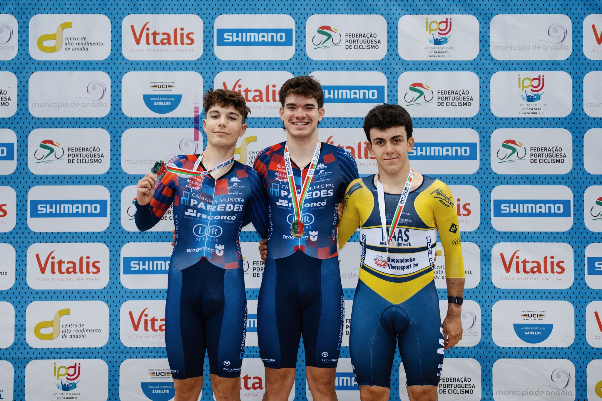 O pódio da Taça de Portugal dos Juniores masculinos de Scratch com João Silva, José Paiva e Guilherme Ribeiro