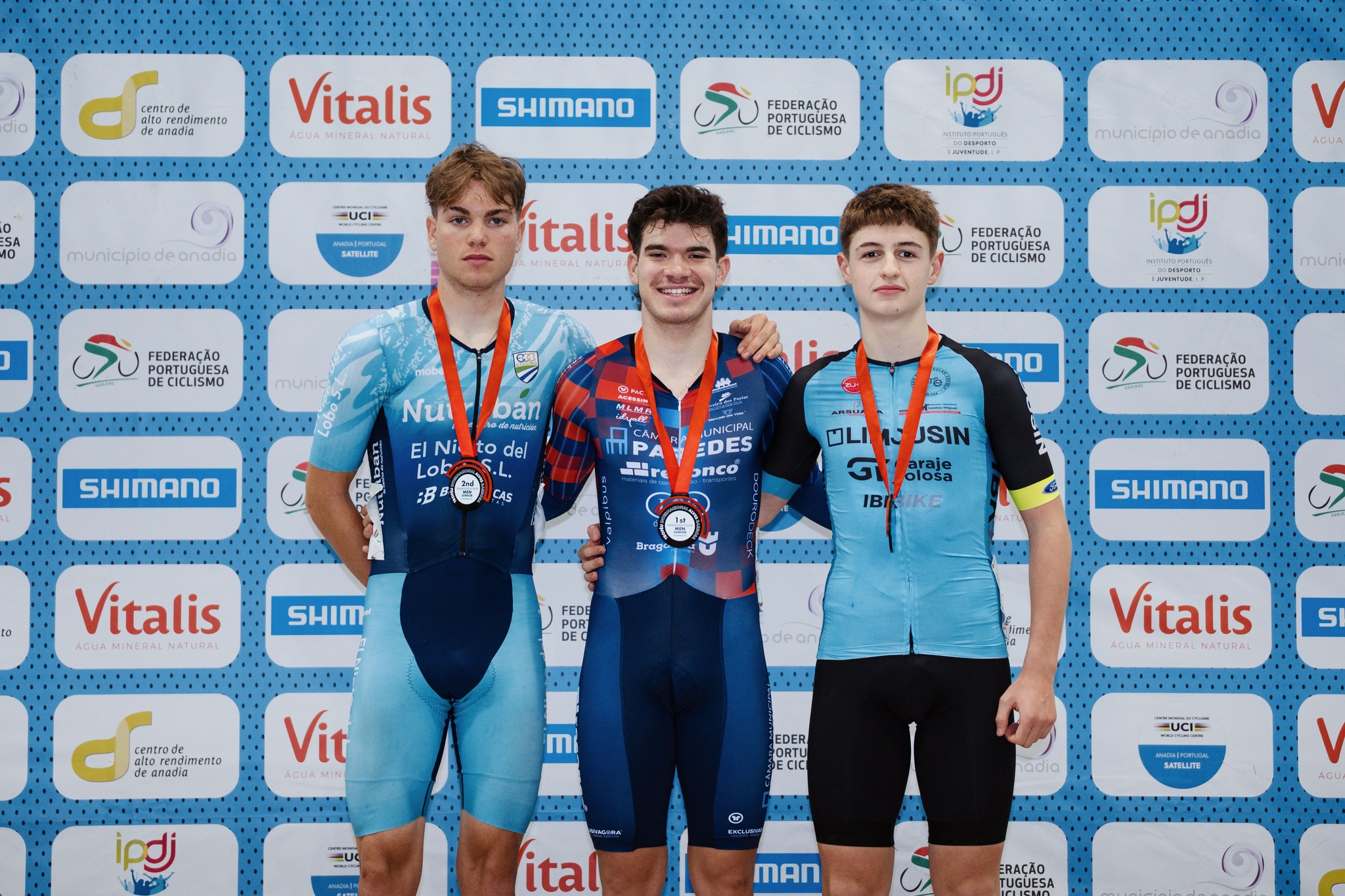 O pódio da Eliminação dos Juniores masculinos com Alejandro Cervantes, José Paiva e Haitzart Artolazabal