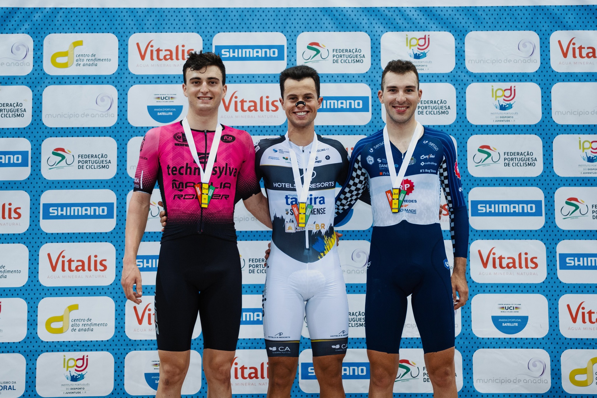 O pódio da Corrida por Pontos dos Elites masculinos com Gabriel Baptista, Miguel Salgueiro e Daniel Dias