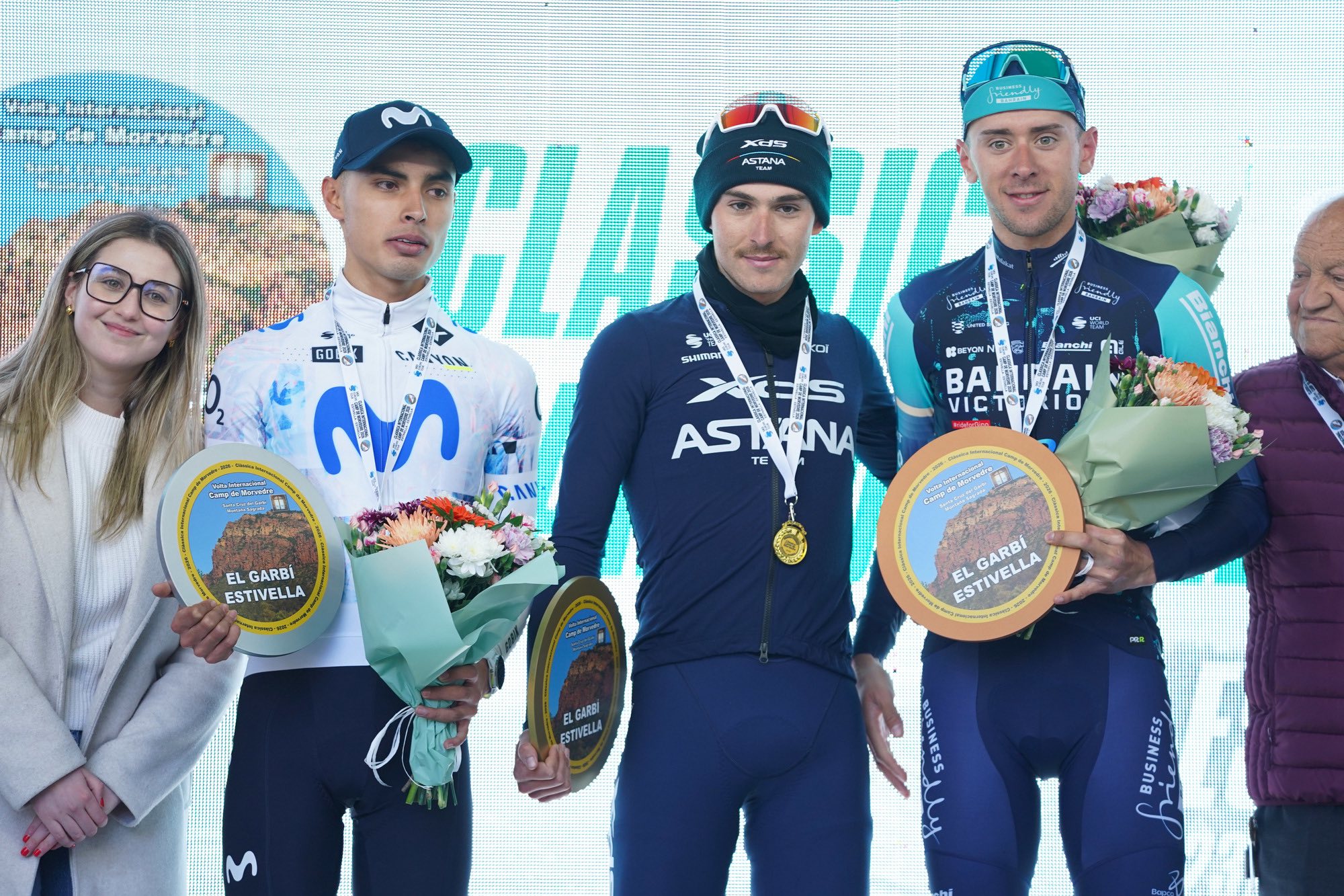 O pódio da Classica Camp de Morvedre com Diego Pescador, Christian Scaroni e Antonio Tiberi