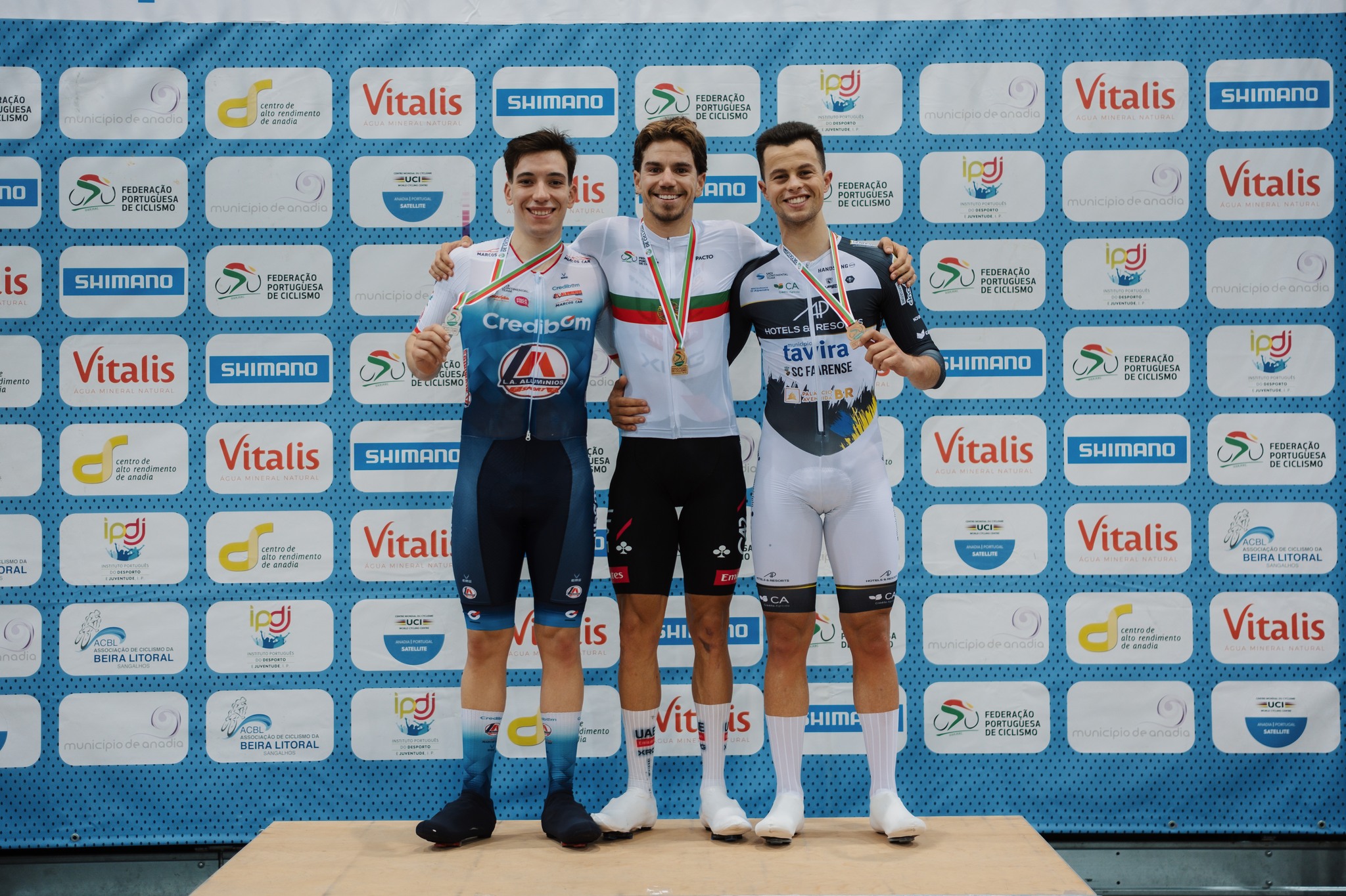 O pódio da Corrida por Pontos dos elites masculinos com Diogo Narciso, Rui Oliveira e Miguel Salgueiro