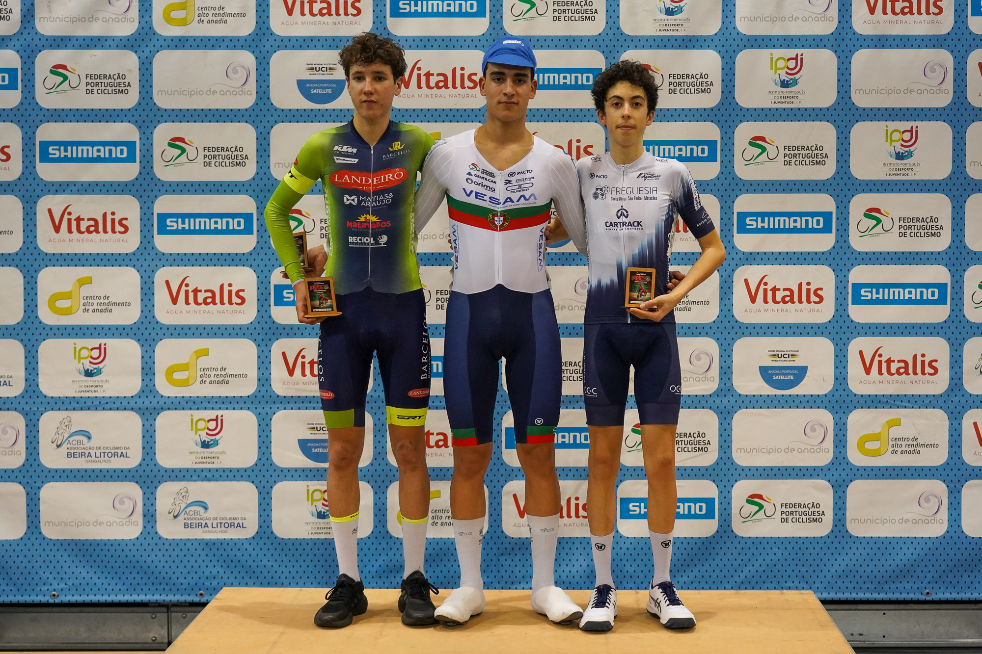 O pódio da Eliminação dos juniores masculinos com José Gomes, Bruno Nogueira e Guilherme Marreiros