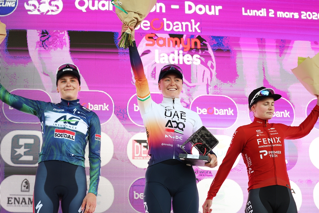 O pódio da Beobank Samyn Ladies com Marthe Goossens, Lara Gillespie e Marthe Truyen