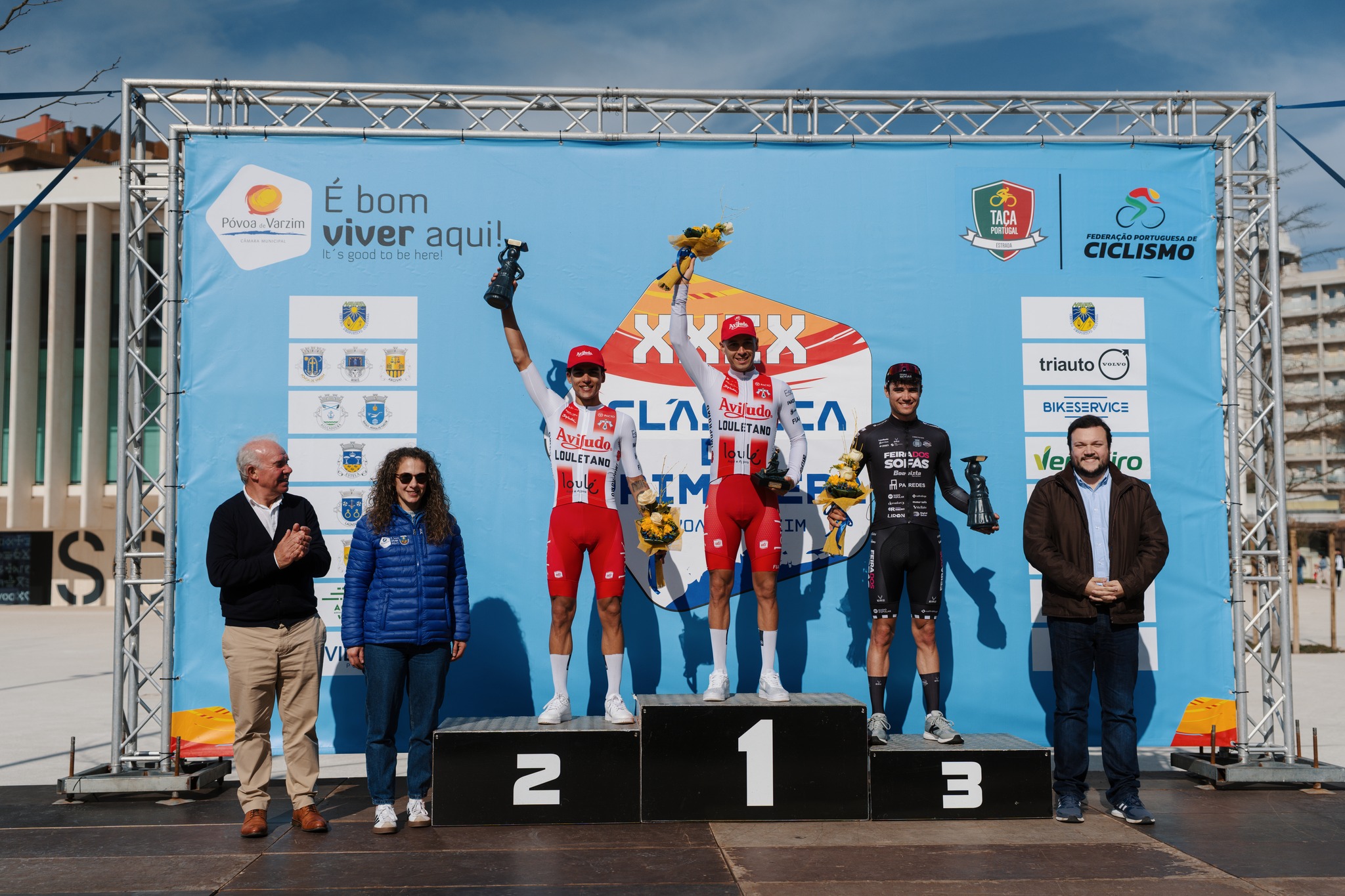 O pódio da Clássica da Primavera com Tomas Contte, Nicolas Tivani e David Dominguez