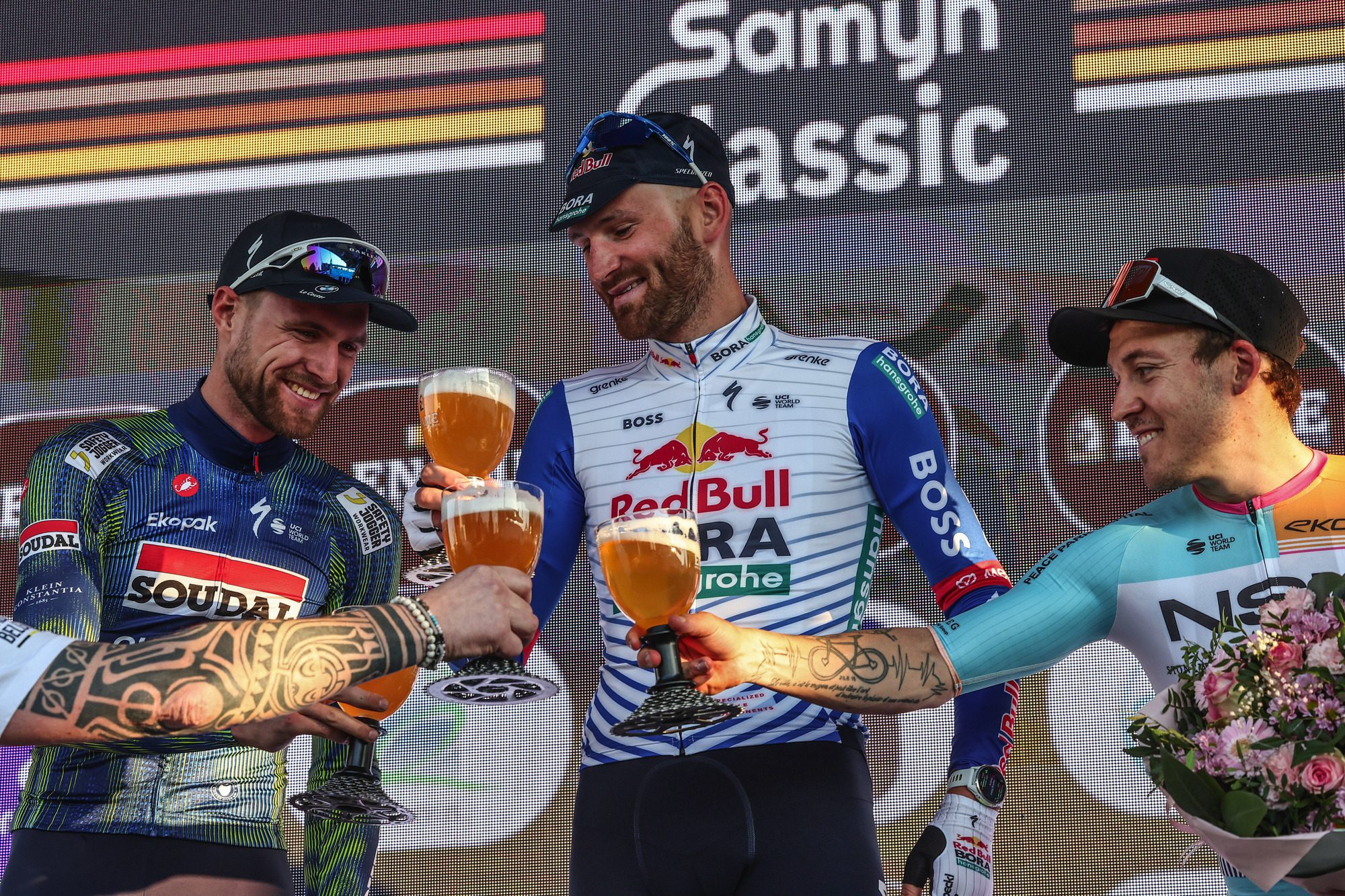 O pódio da Ename Samyn Classic com Laurenz Rex, Jordi Meeus e Hugo Hofstetter