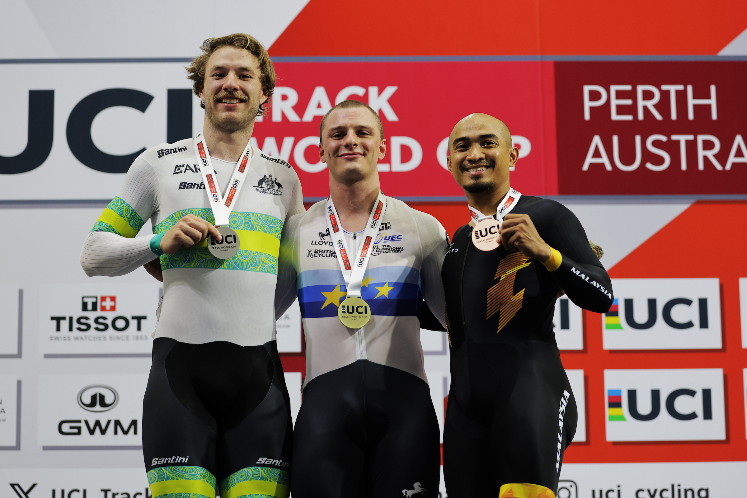 O pódio do Sprint masculino com Leigh Hoffman, Matthew Richardson e Azizulhasni Awang