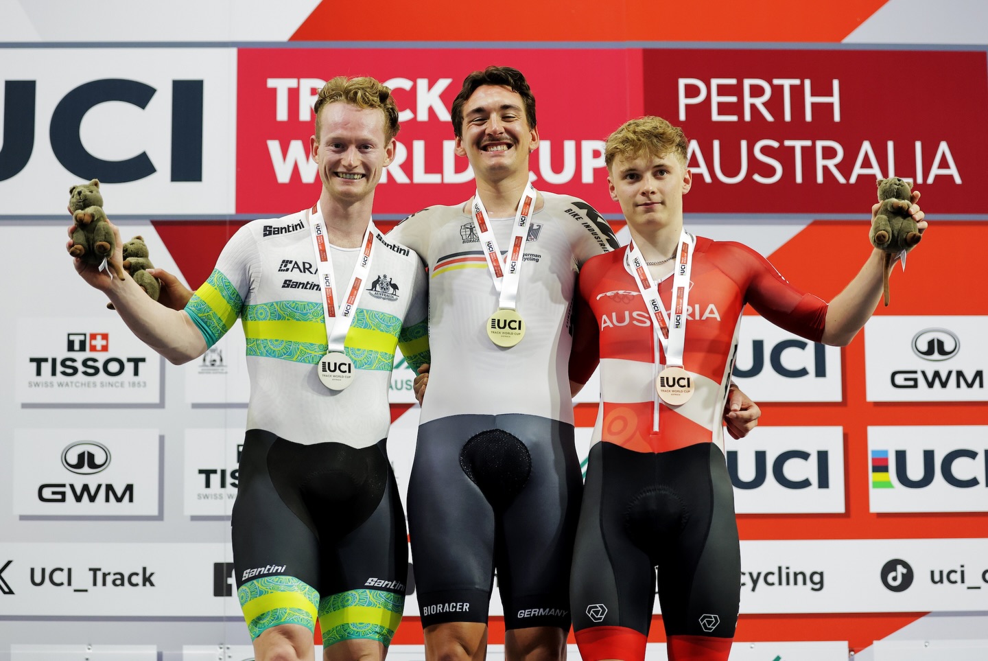 O pódio da Eliminação masculina com Thomas Cornish, Moritz Augenstein e Raphael Kokas