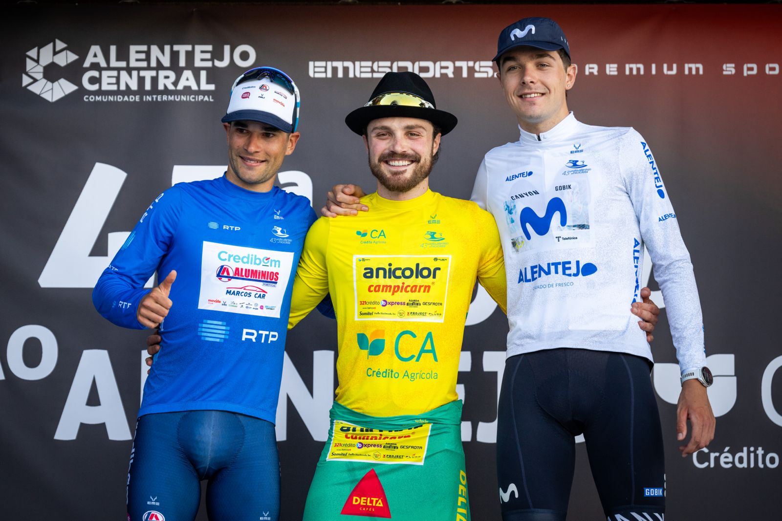 O pódio da etapa 2 da Volta ao Alentejo com Hugo Nunes, Santiago Mesa e Roger Pareta (Foto: Igor Martins / FPC)