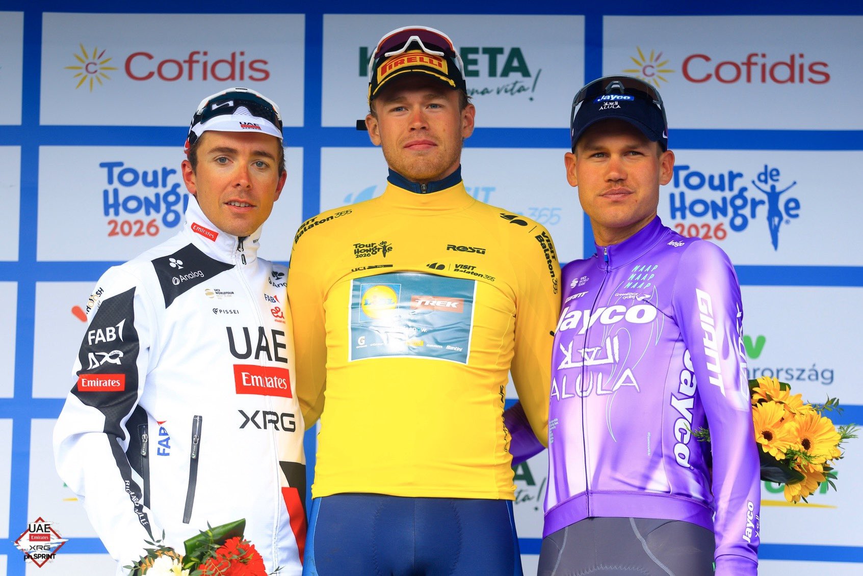 O pódio do Tour de Hongrie com Benoit Cosnefroy, Jakob Soderqvist e Luke Plapp (Foto: SprintCyclingAgency)