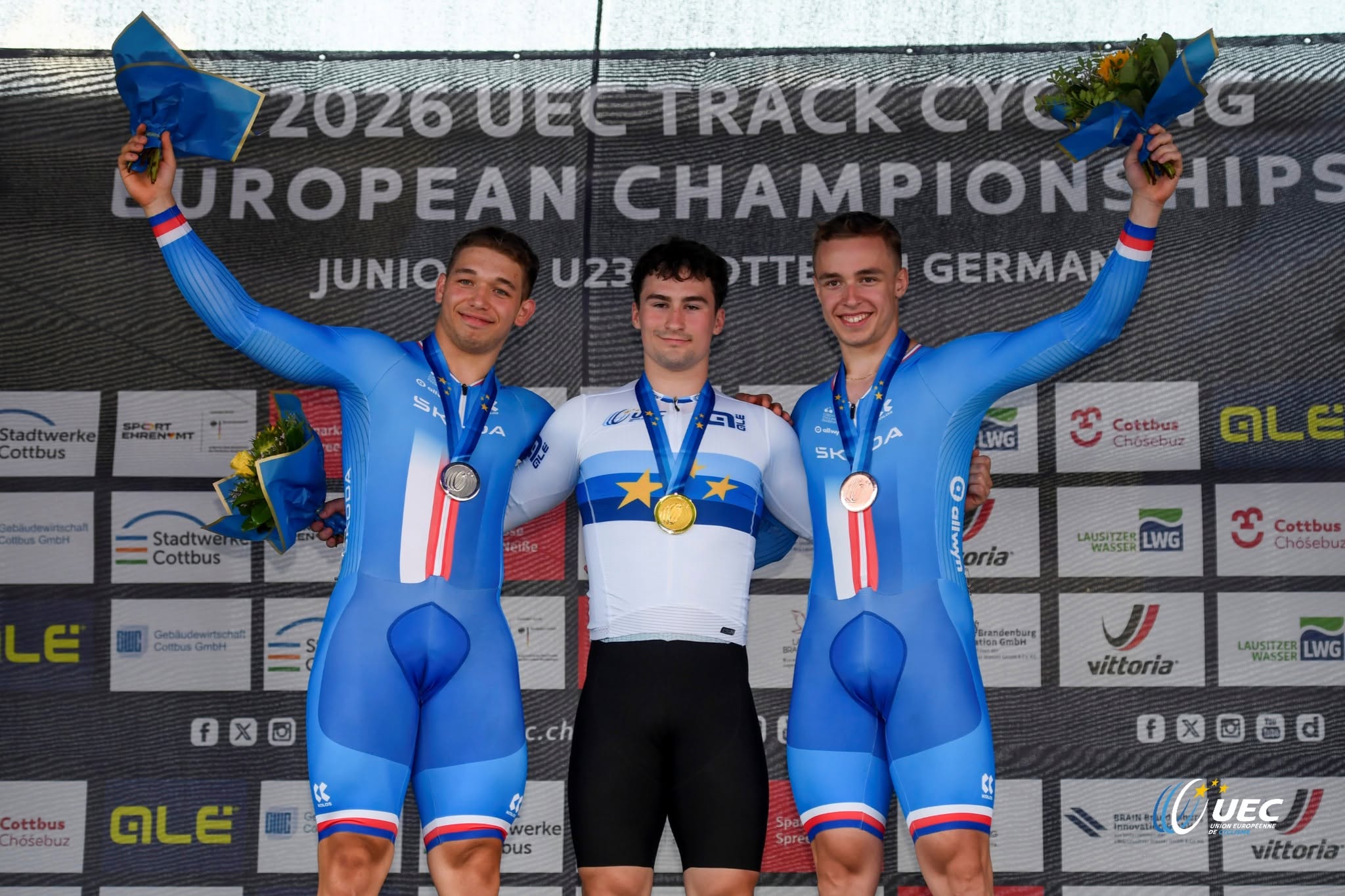 O pódio do Keirin Sub-23 masculino com Jan Porizek, Nikita Kiriltsev e David Peterka