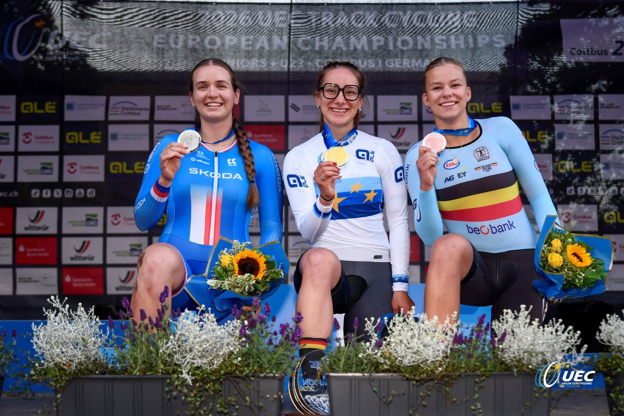 O pódio do Keirin Sub-23 feminino com Anna Jaborníková, Clara Schneider e Zita Gheysens