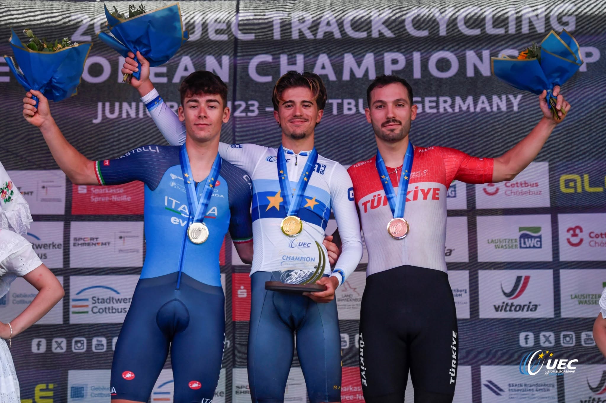 O pódio do Omnium Sub-23 masculino com Davide Stella, Alvaro Navas e Ramazan Yilmaz