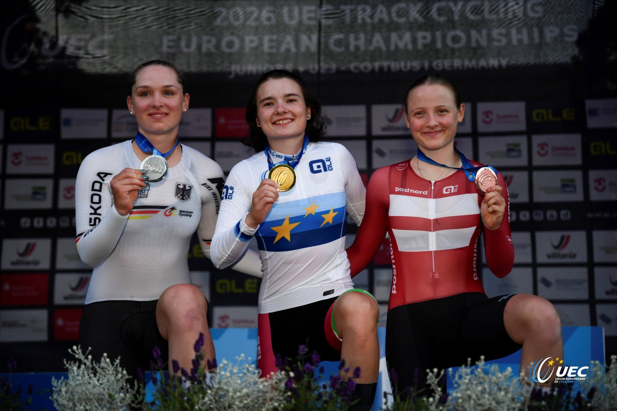 O pódio do Omnium Sub-23 feminino com Messane Brautigam, Polina Konrad e Ida Fialla