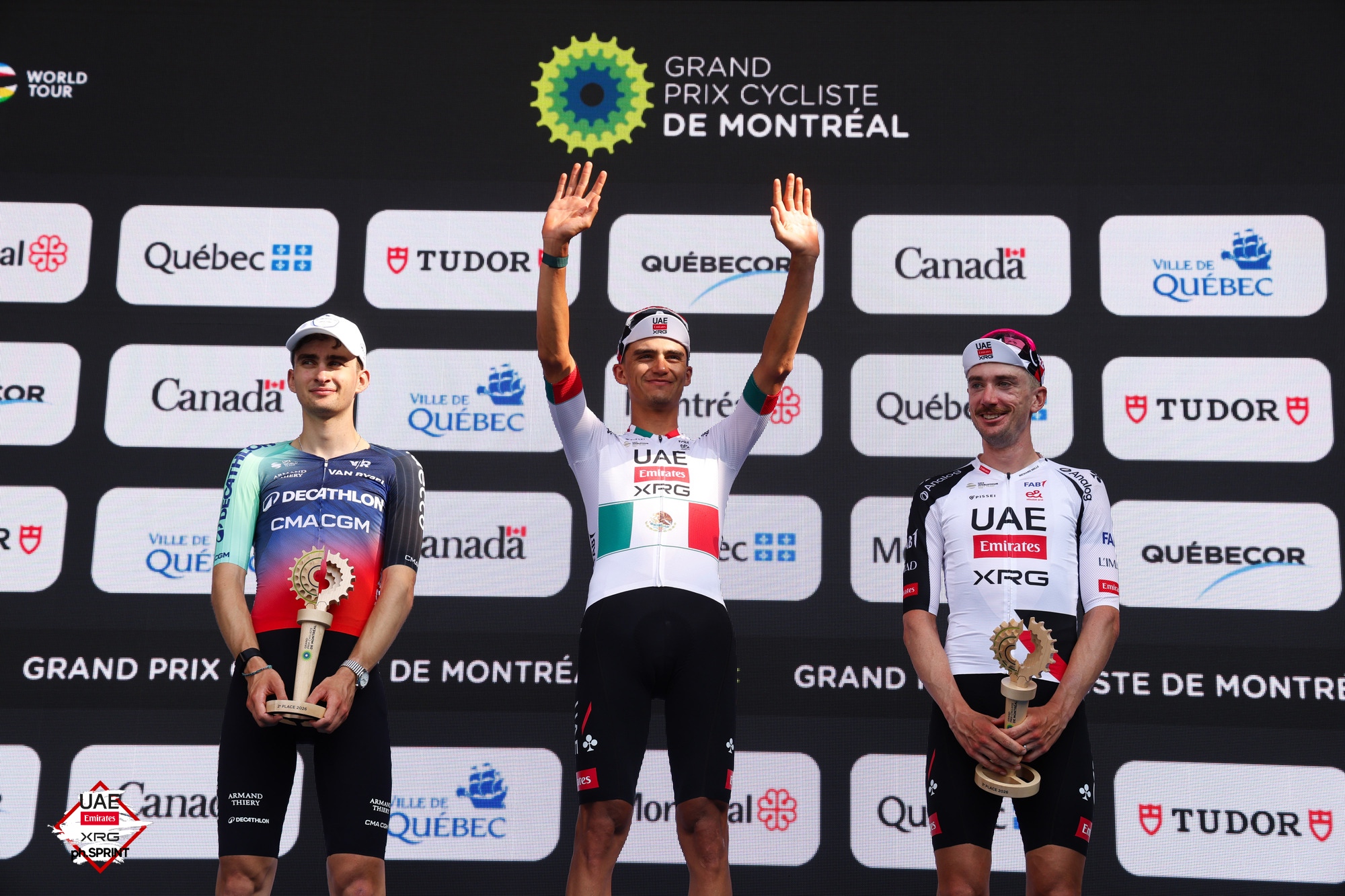O pódio do GP Montreal com Paul Seixas, Isaac Del Toro e Brandon McNulty