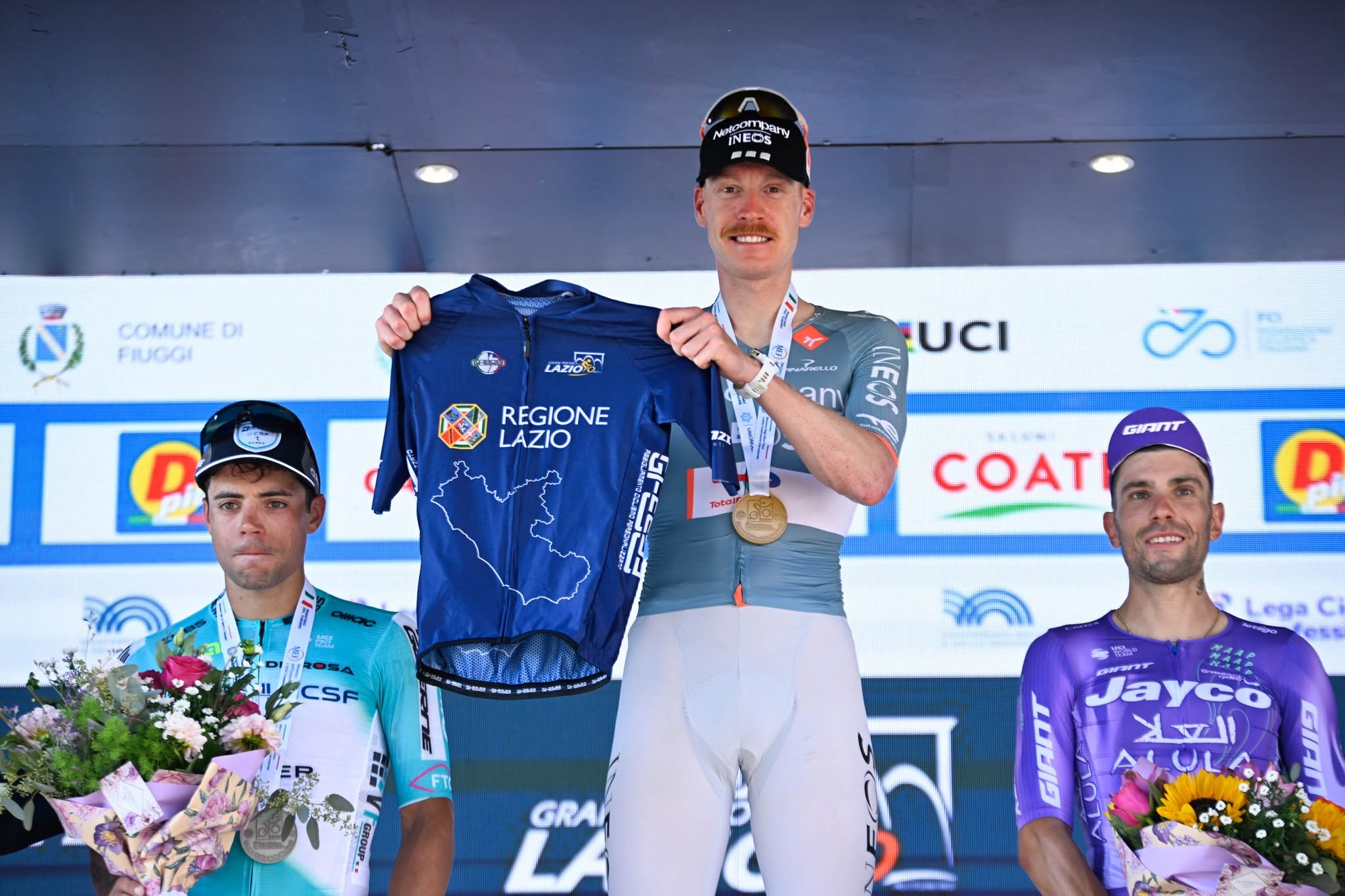 O pódio do Gran Premio del Lazio com Luca Colnaghi, Dorian Godon e Andrea Vendrame