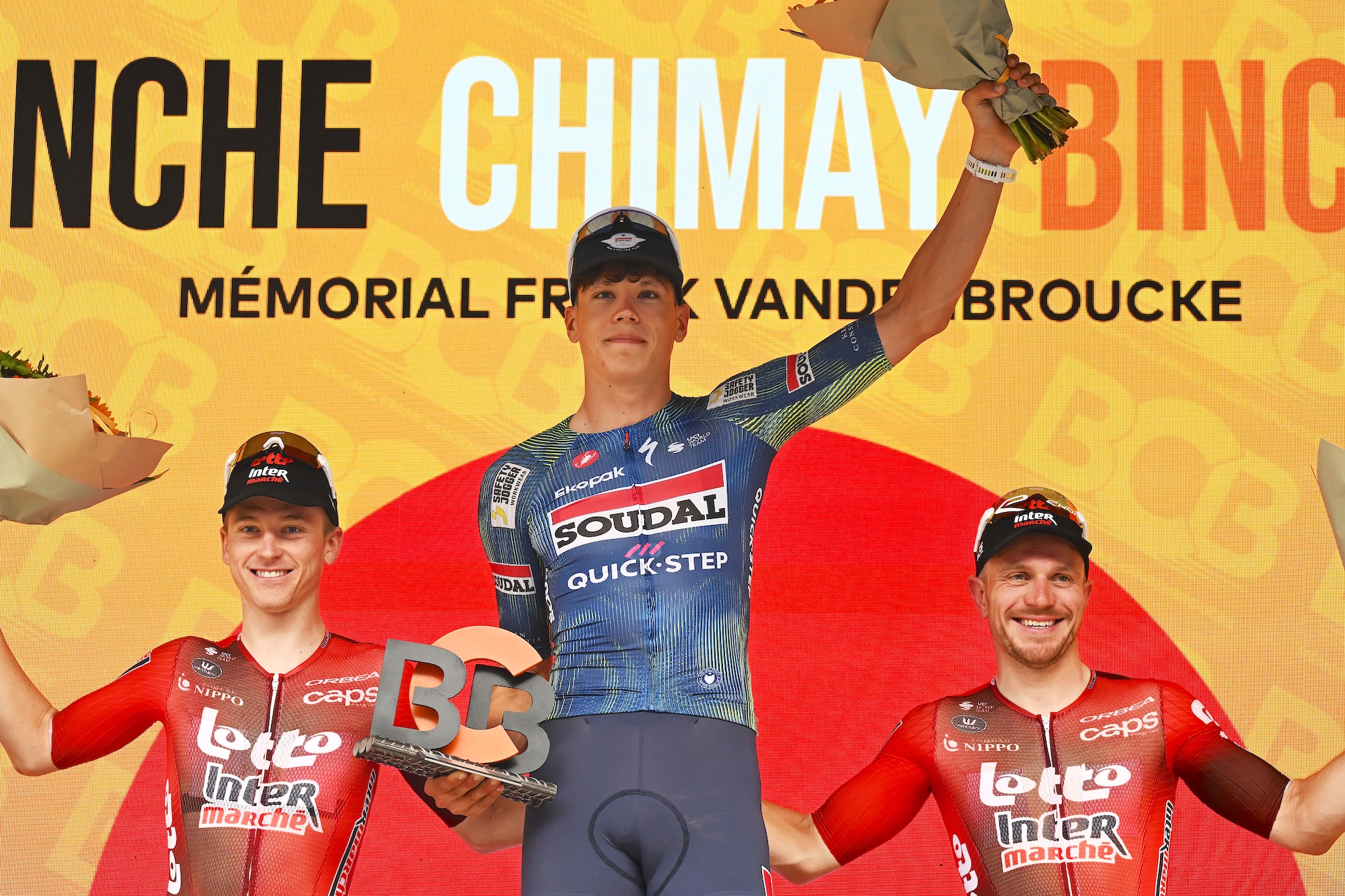 O pódio da Binche-Chimay-Binche com Jenno Berckmoes, Paul Magnier e Lionel Taminiaux