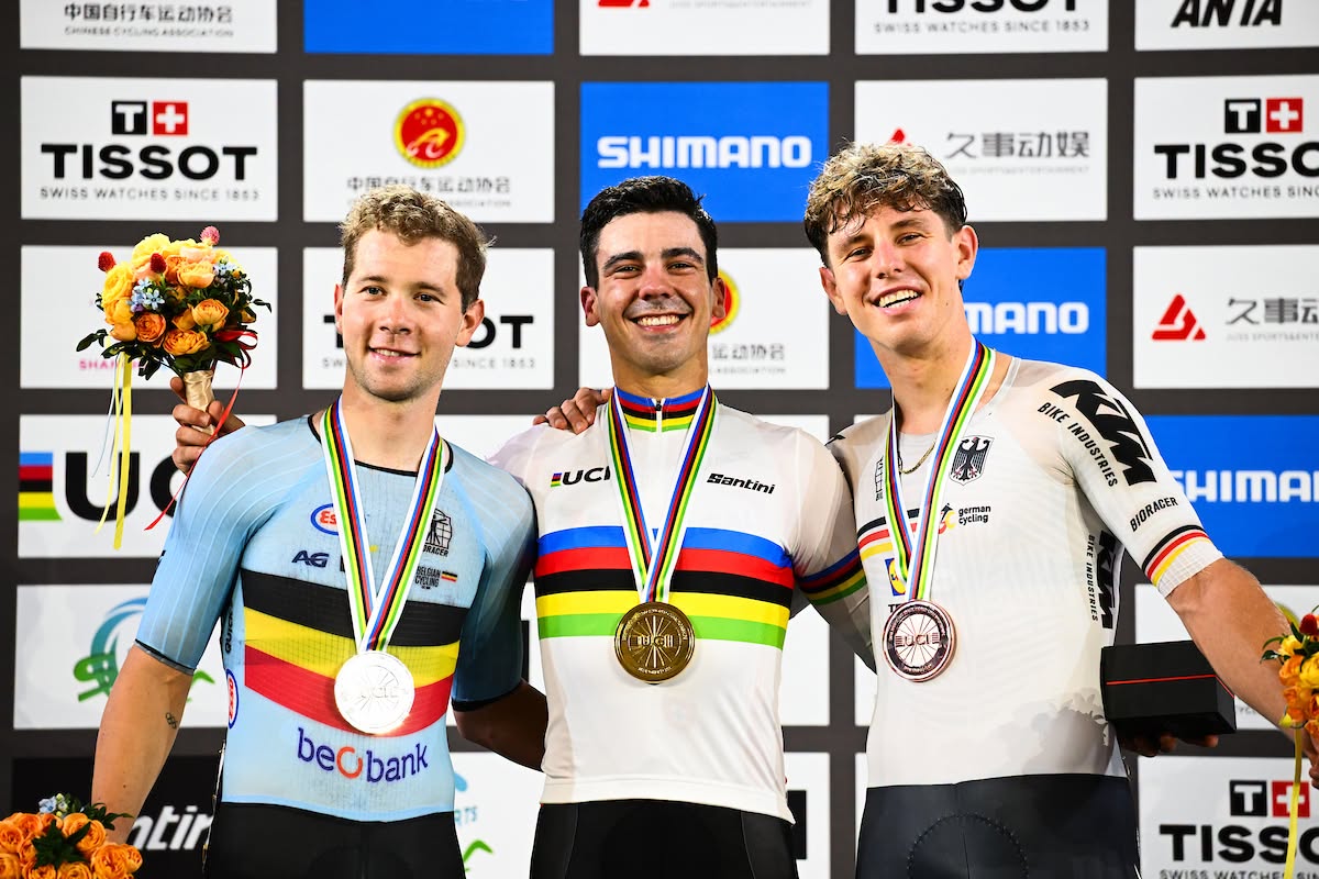 O pódio do Omnium masculino com Fabio van den Bossche, Iúri Leitão e Tim Torn Teutenberg (Foto: UCI)