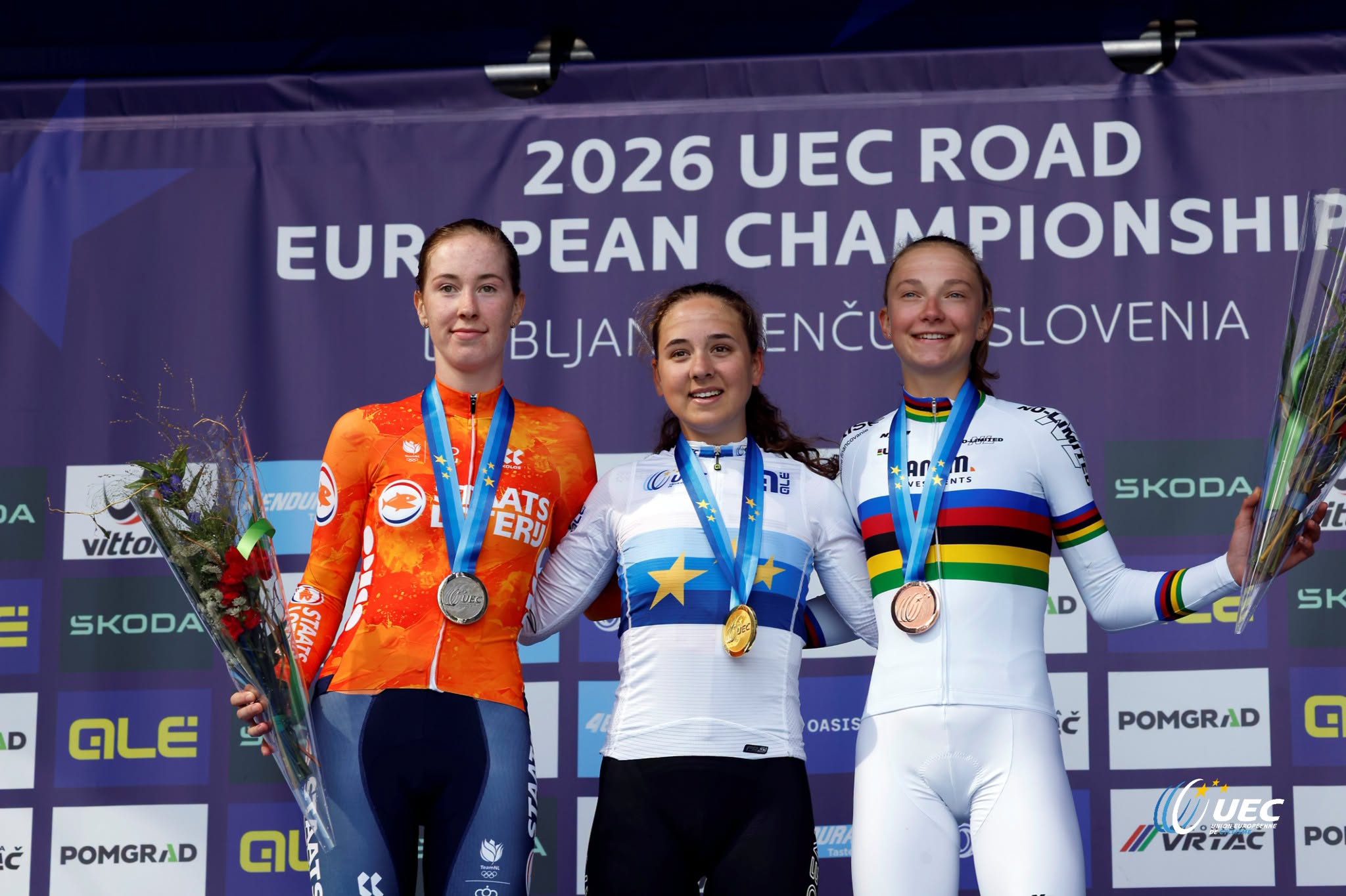 O pódio da prova de fundo das sub-23 femininas nos Campeonatos da Europa com Nienke Vinke, Mara Winter e Viktória Chladonová